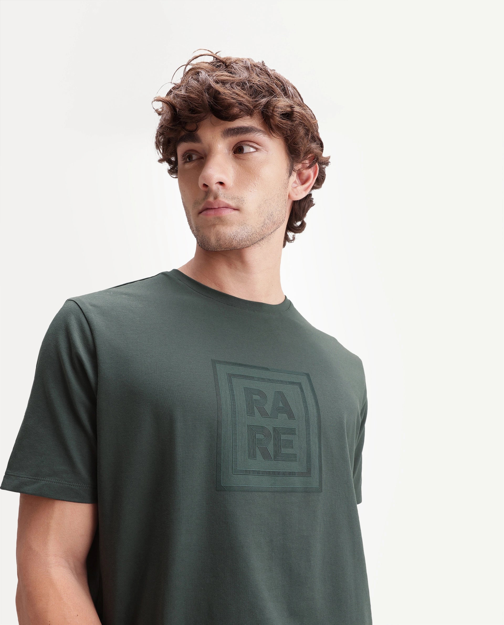 Rare Rabbit Men's Maze Dark Green Cotton Blend Crew Neck Regular Geometric Print T-Shirt