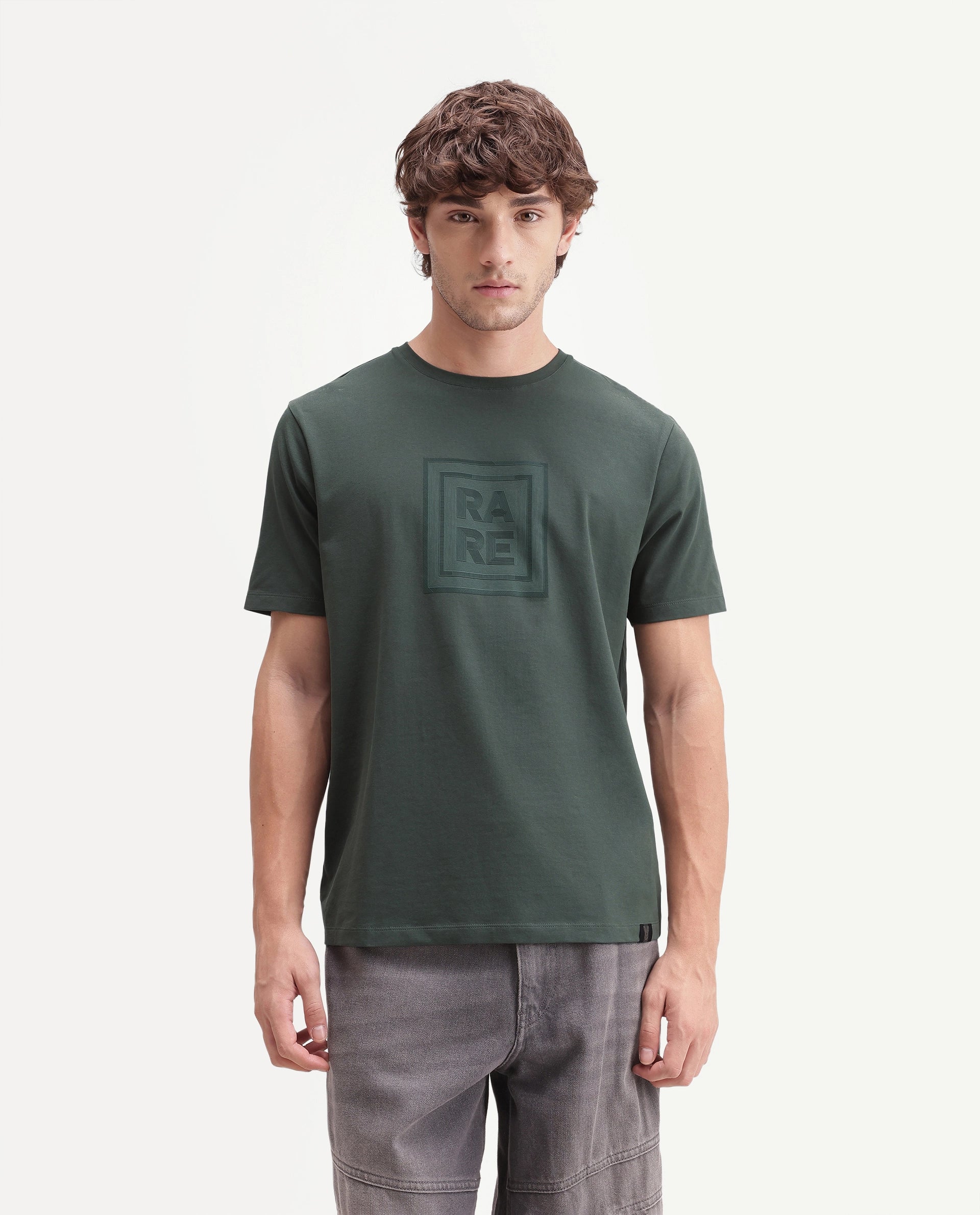 Rare Rabbit Men's Maze Dark Green Cotton Blend Crew Neck Regular Geometric Print T-Shirt