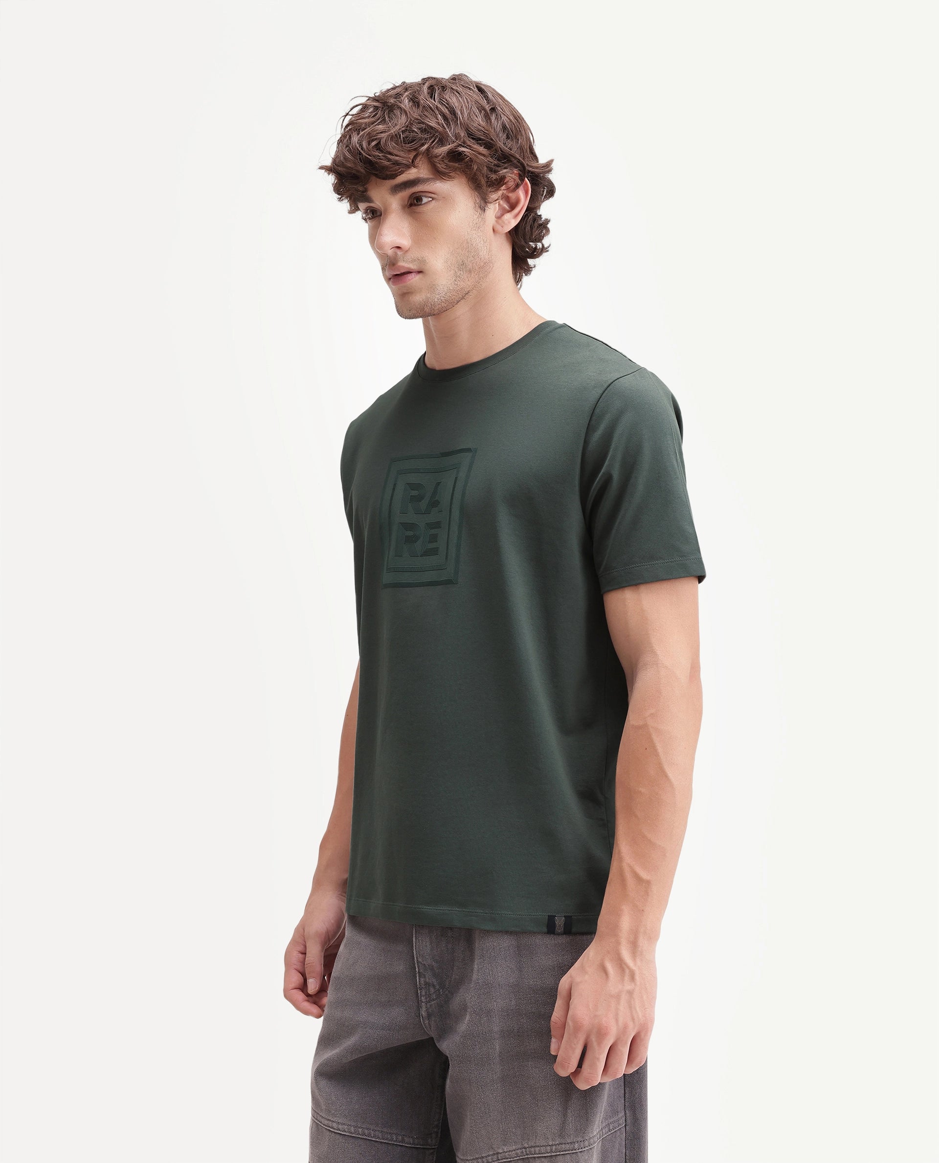 Rare Rabbit Men's Maze Dark Green Cotton Blend Crew Neck Regular Geometric Print T-Shirt