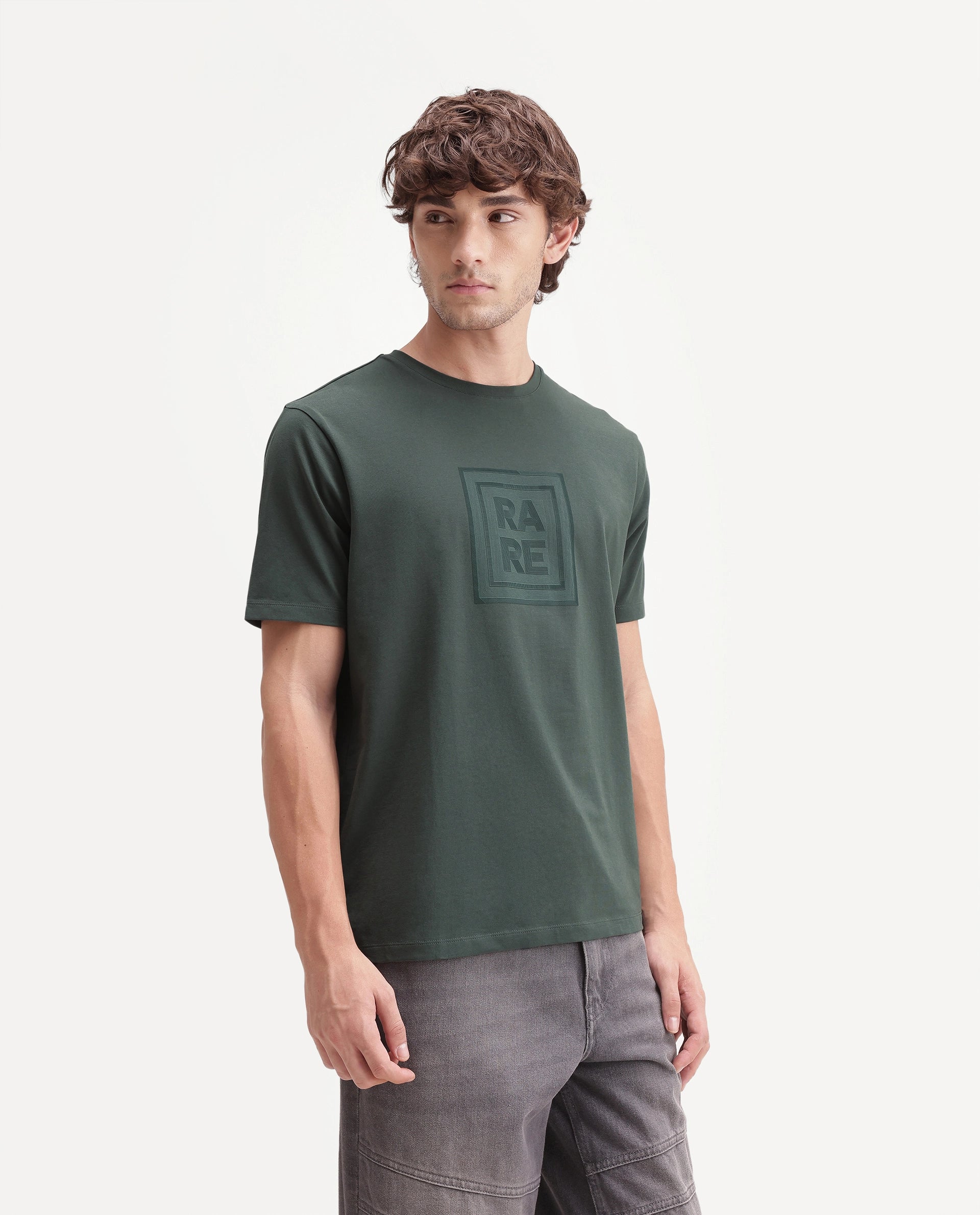 Rare Rabbit Men's Maze Dark Green Cotton Blend Crew Neck Regular Geometric Print T-Shirt