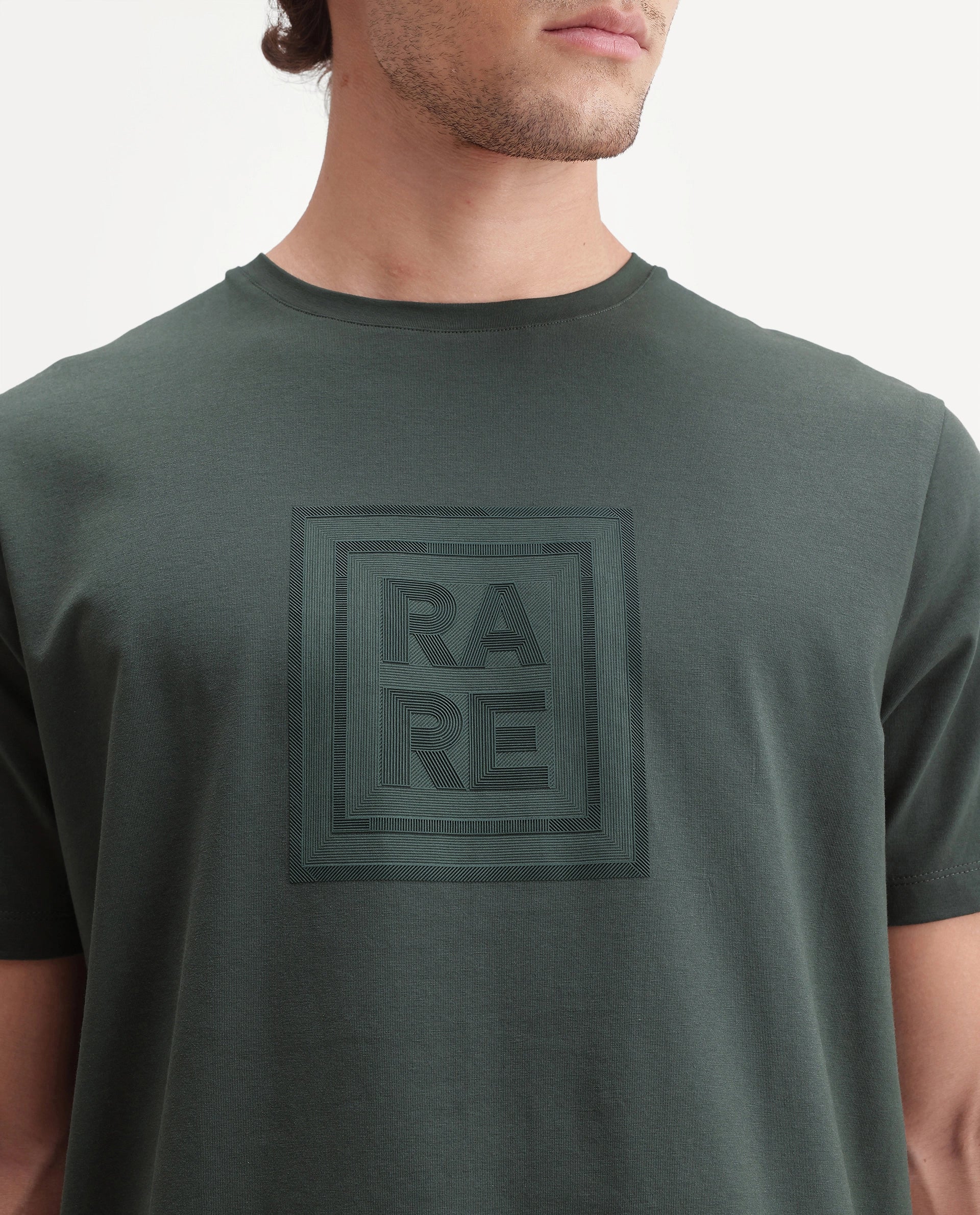 Rare Rabbit Men's Maze Dark Green Cotton Blend Crew Neck Regular Geometric Print T-Shirt