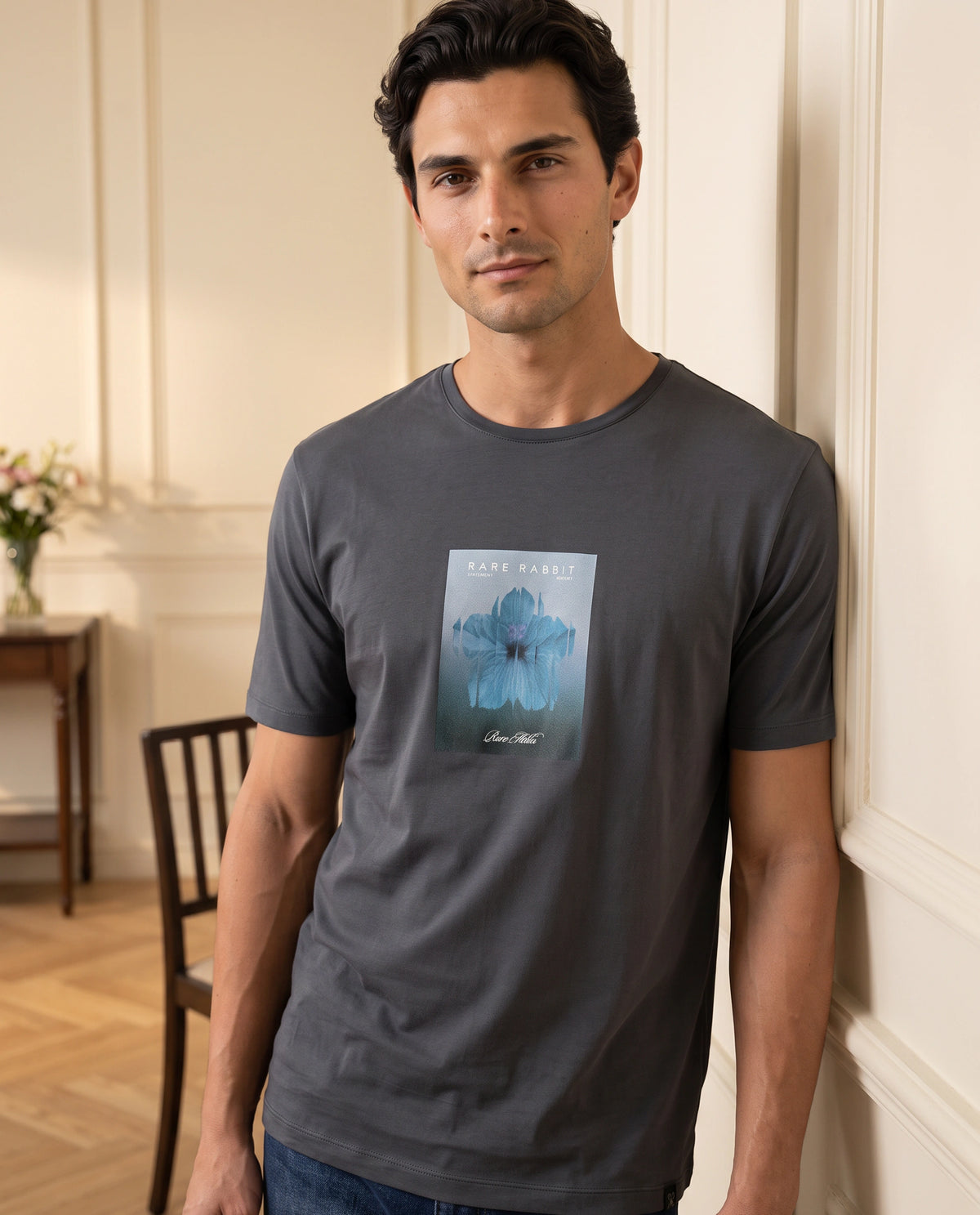 Rare Rabbit Men's Owen Dark Grey Cotton Blend Crew Neck Regular Graphic Print T-Shirt