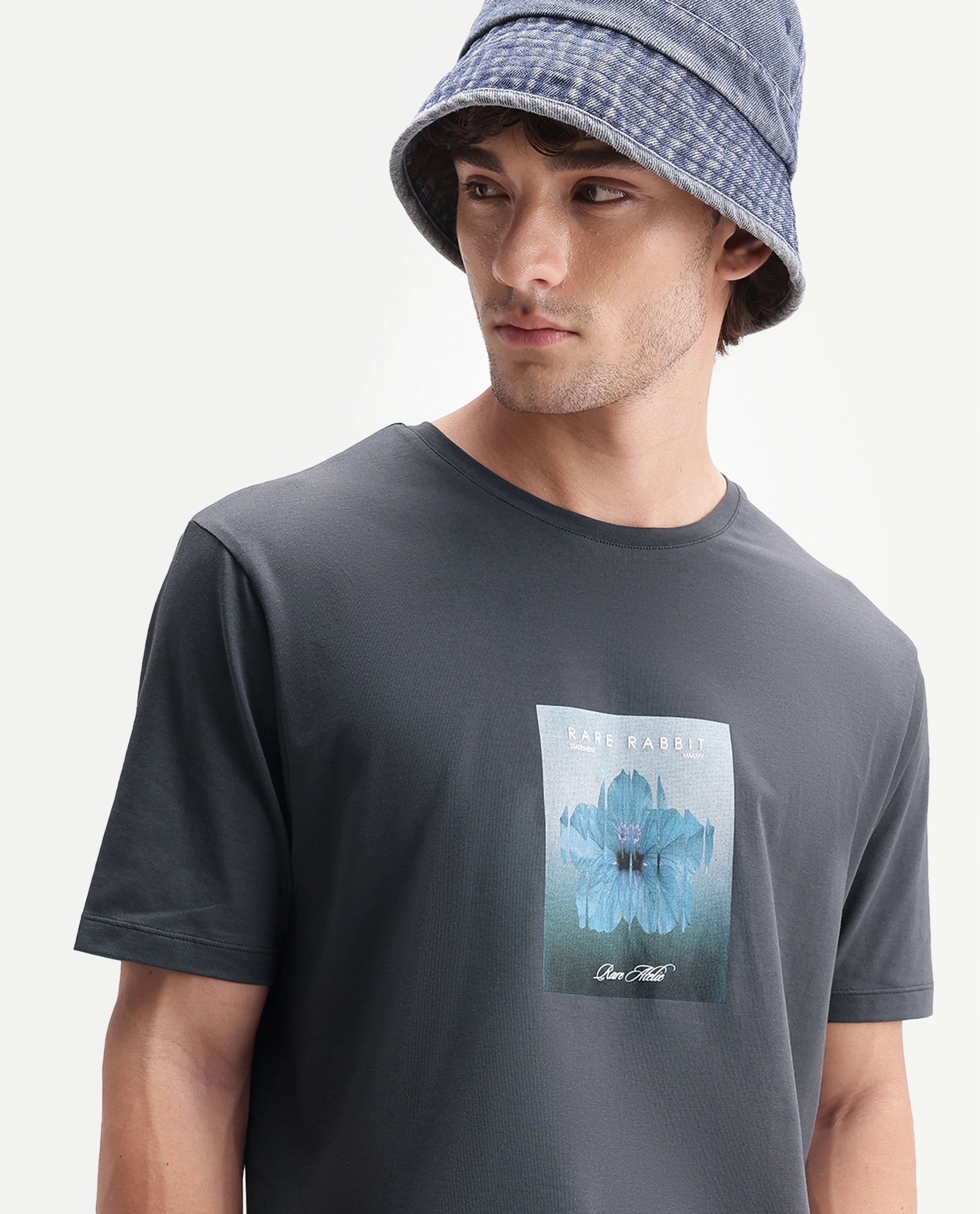Rare Rabbit Men's Owen Dark Grey Cotton Blend Crew Neck Regular Graphic Print T-Shirt