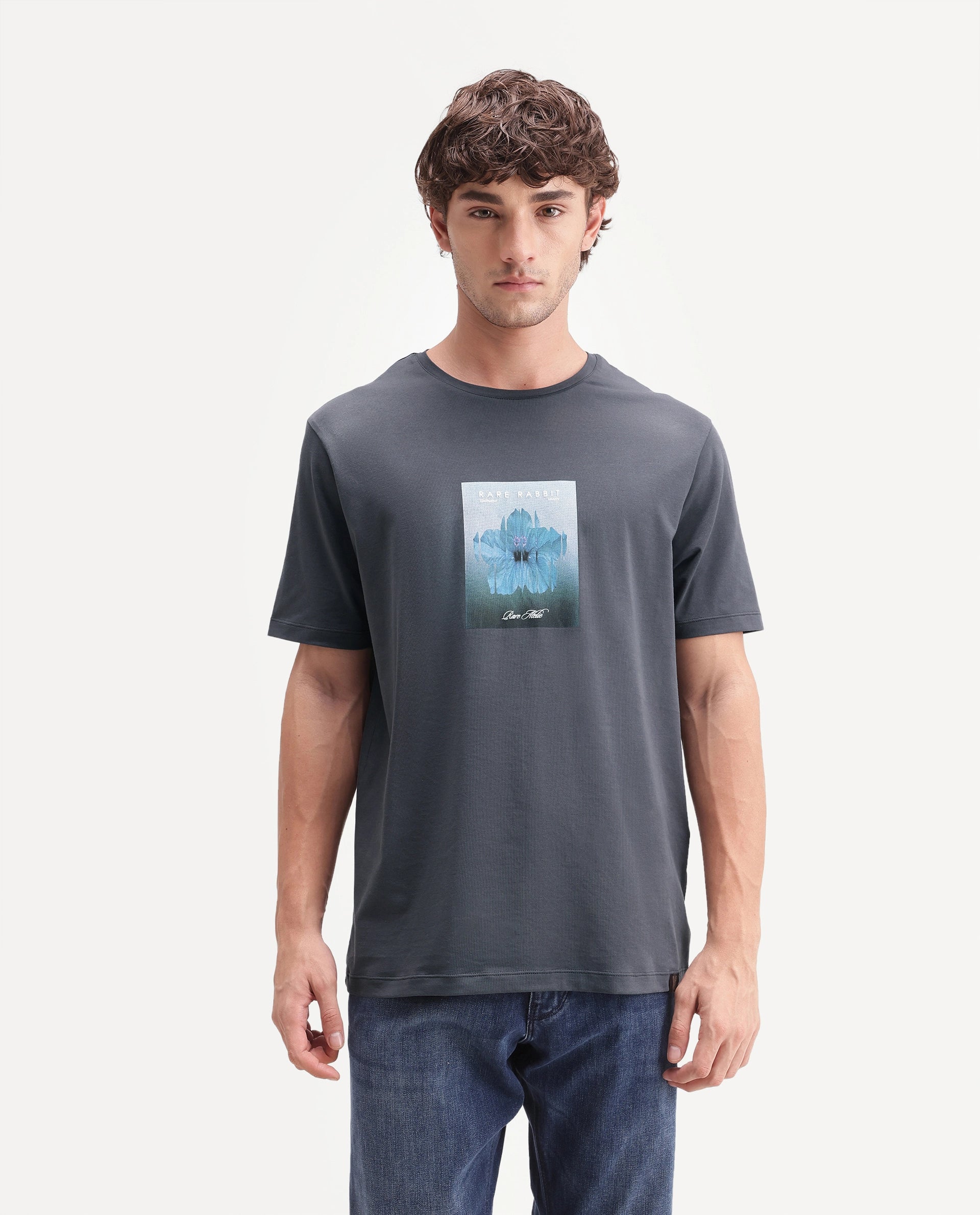 Rare Rabbit Men's Owen Dark Grey Cotton Blend Crew Neck Regular Graphic Print T-Shirt