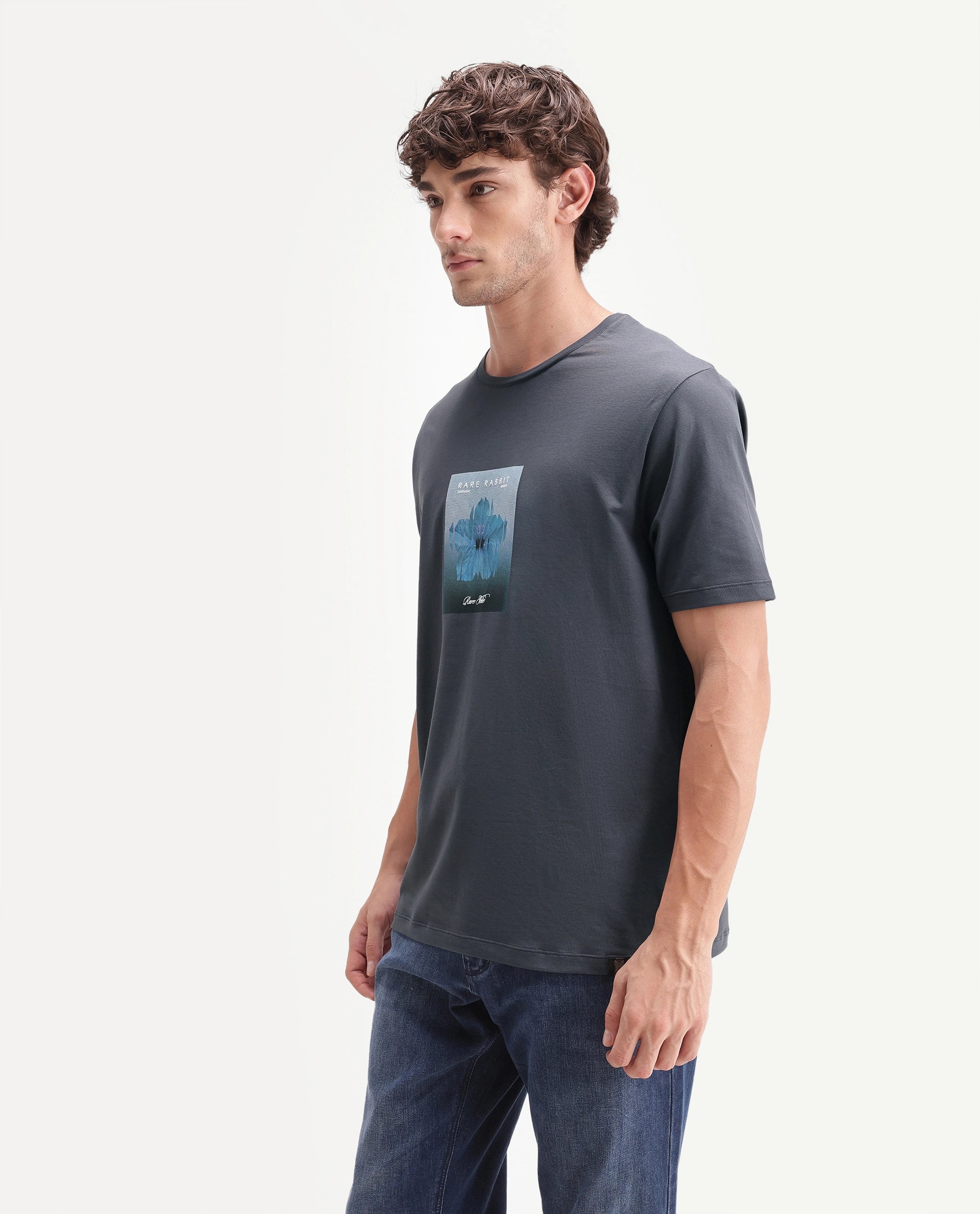 Rare Rabbit Men's Owen Dark Grey Cotton Blend Crew Neck Regular Graphic Print T-Shirt