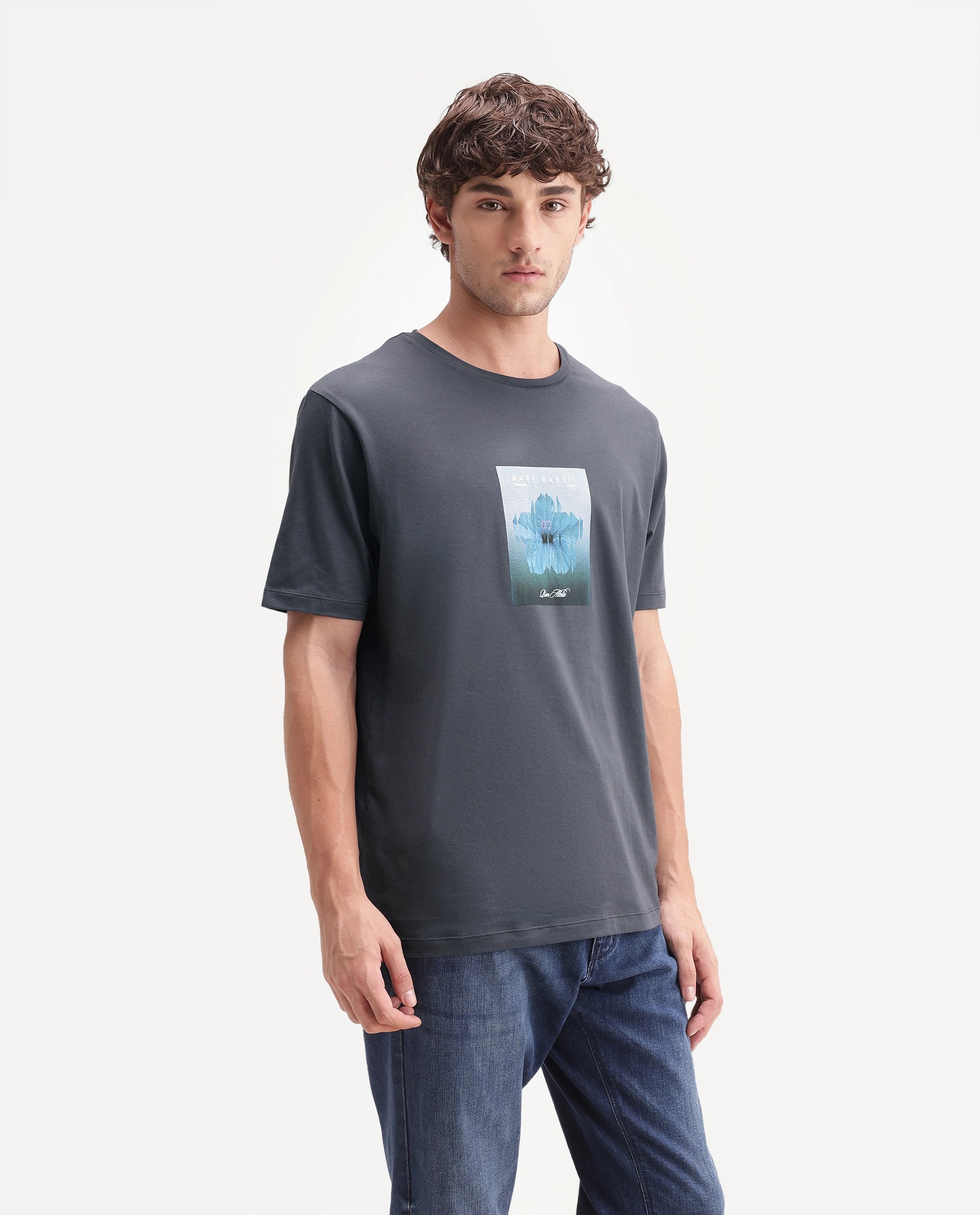 Rare Rabbit Men's Owen Dark Grey Cotton Blend Crew Neck Regular Graphic Print T-Shirt