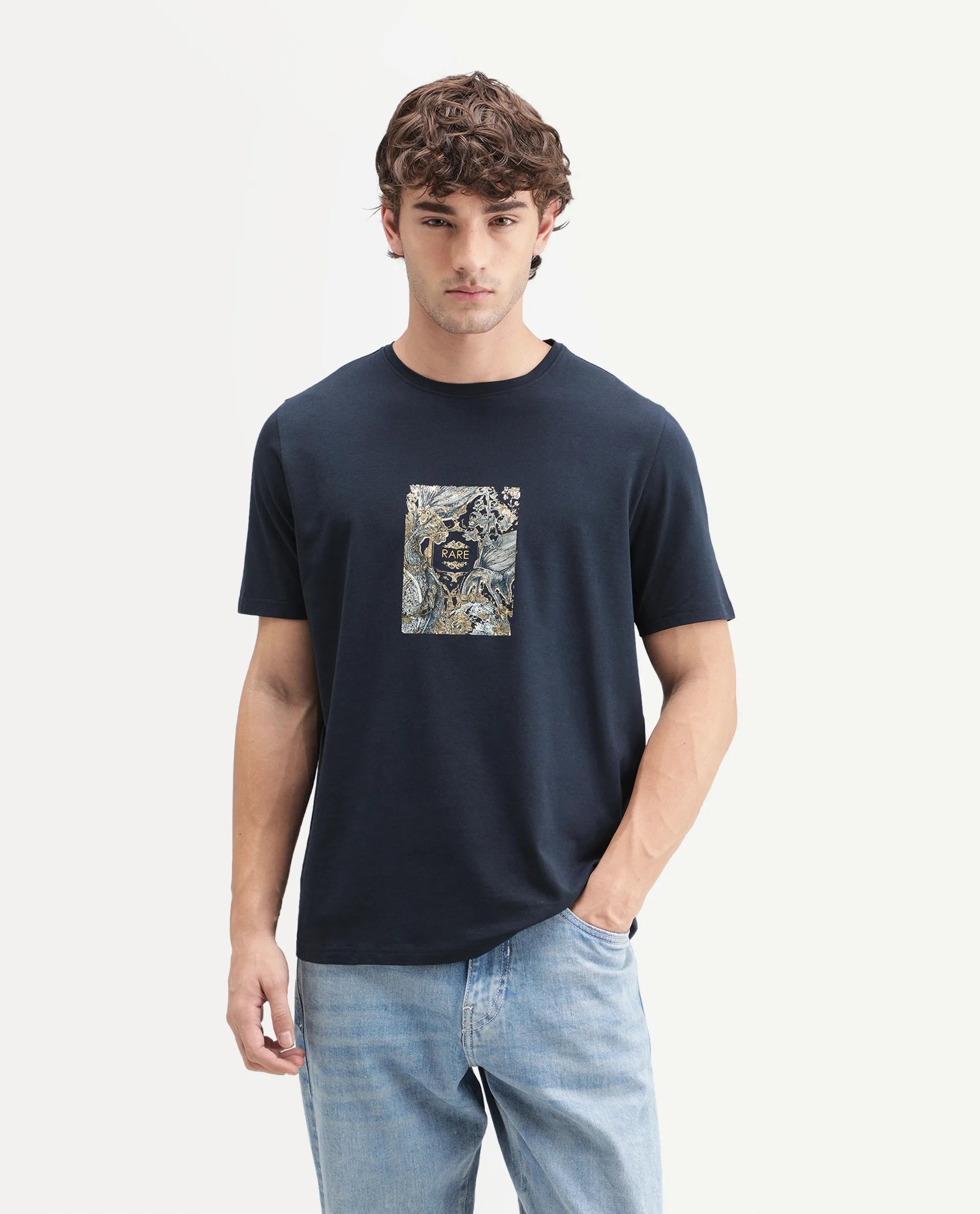 Rare Rabbit Men's Callum Navy Cotton Blend Crew Neck Regular Graphic Print T-Shirt