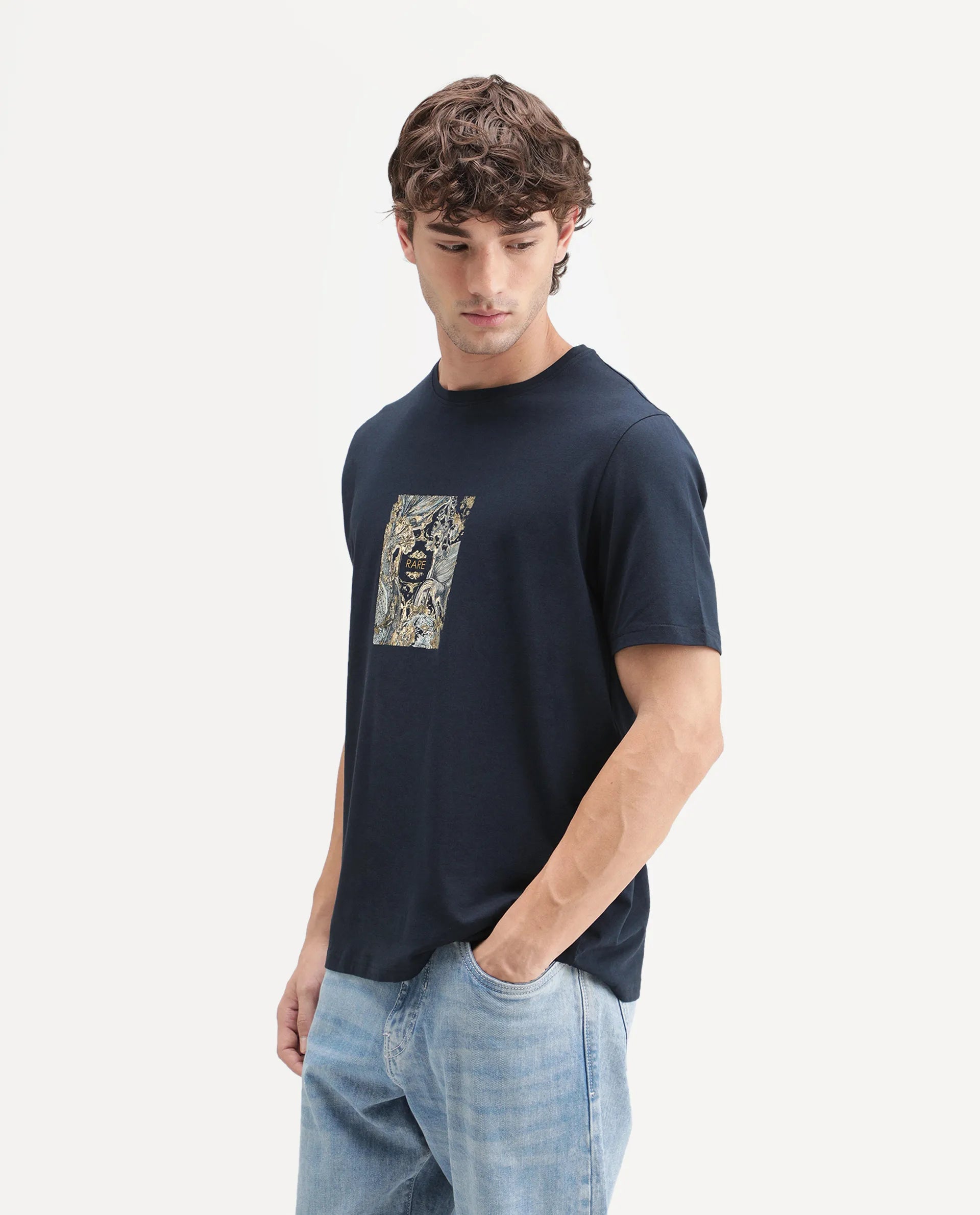 Rare Rabbit Men's Callum Navy Cotton Blend Crew Neck Regular Graphic Print T-Shirt