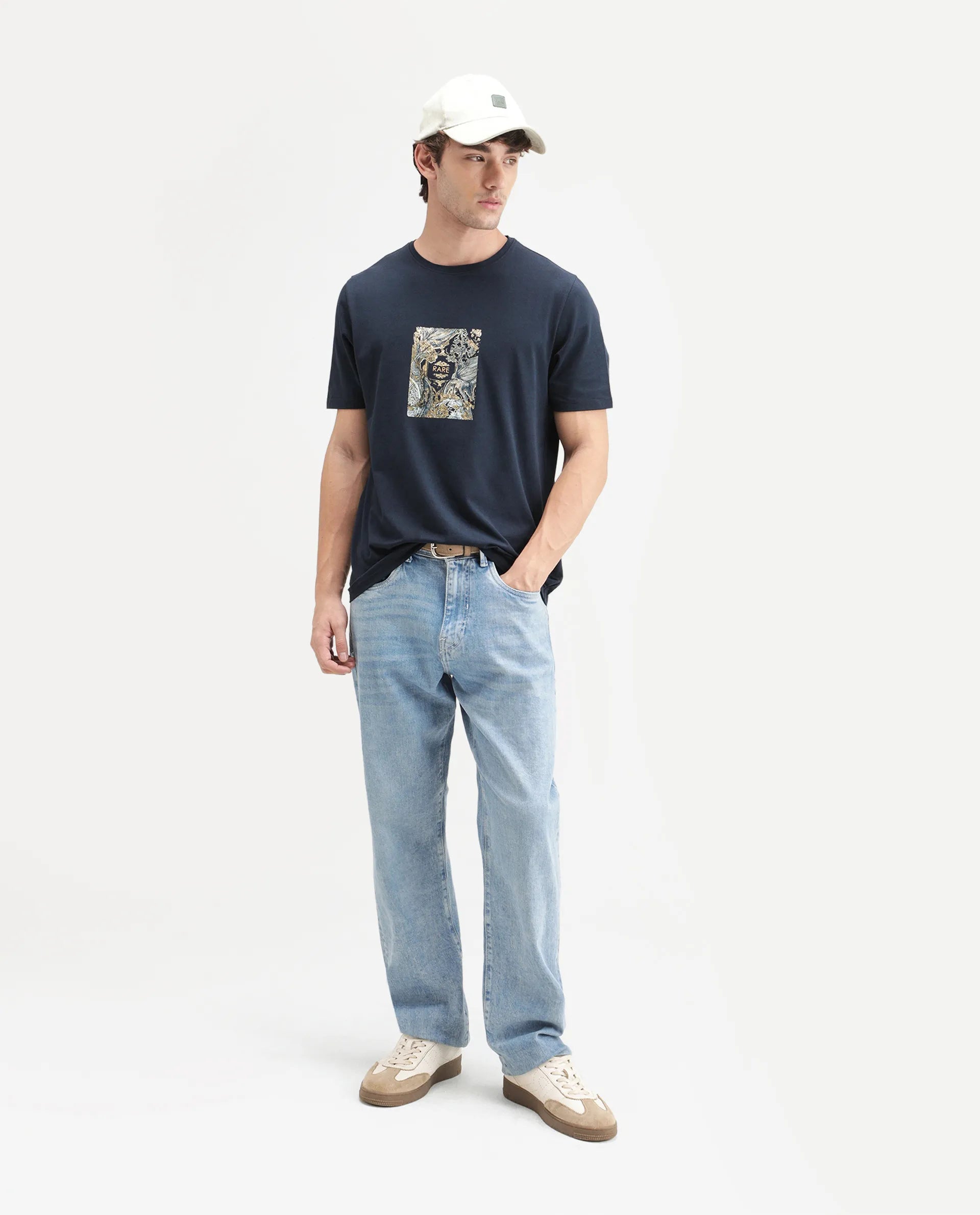 Rare Rabbit Men's Callum Navy Cotton Blend Crew Neck Regular Graphic Print T-Shirt