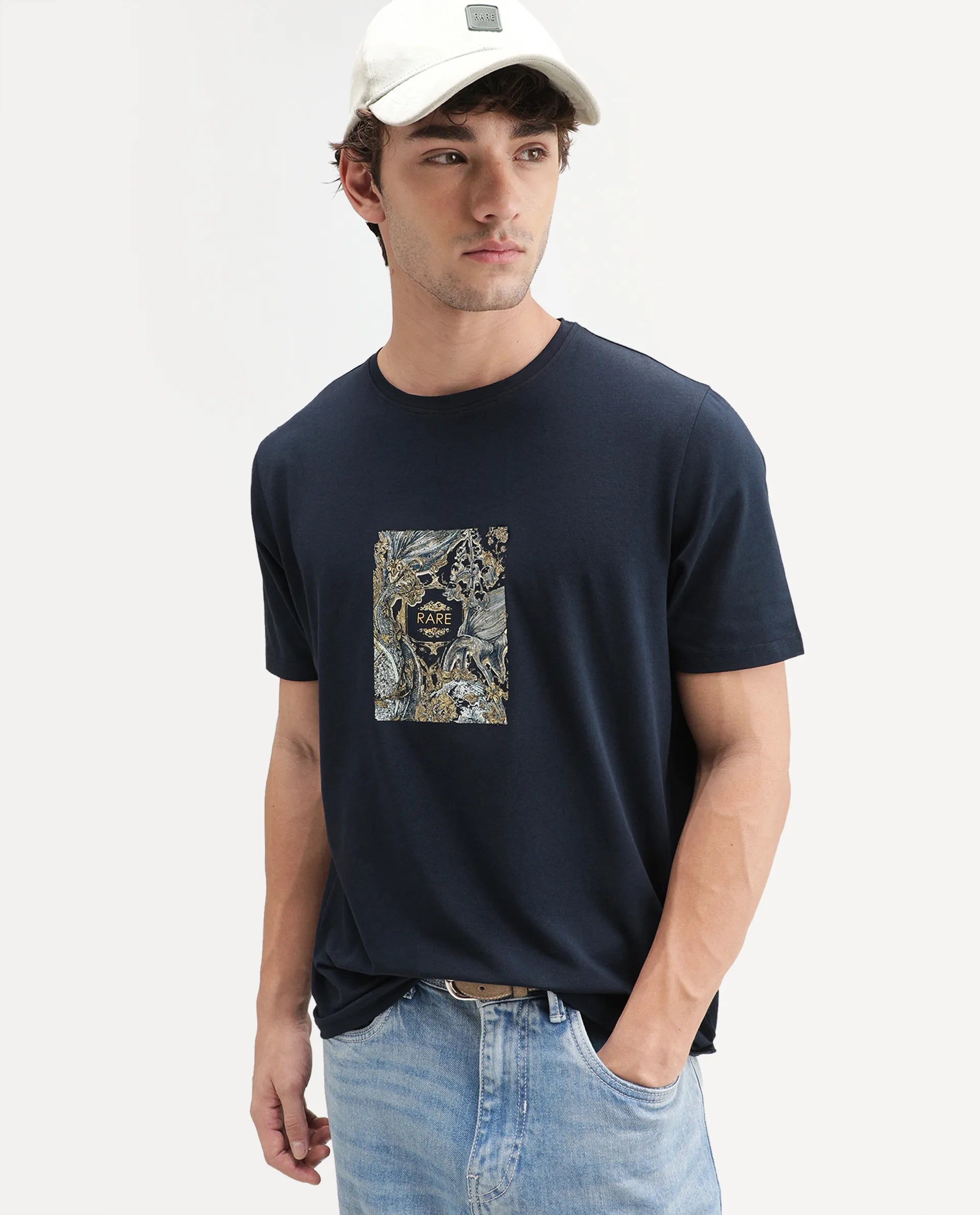 Rare Rabbit Men's Callum Navy Cotton Blend Crew Neck Regular Graphic Print T-Shirt