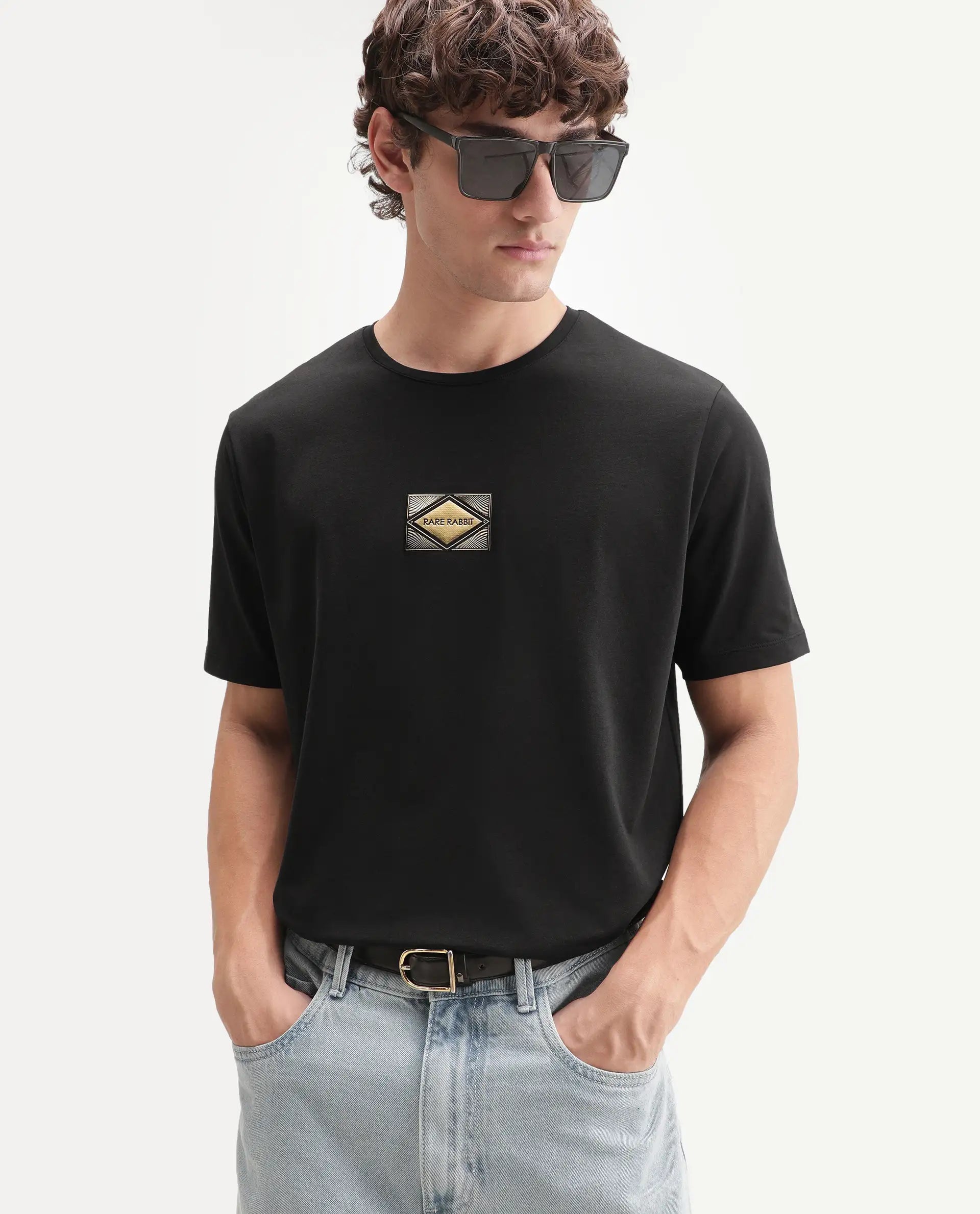 Rare Rabbit Men's Deco Black Cotton Blend Crew Neck Regular Graphic Print T-Shirt