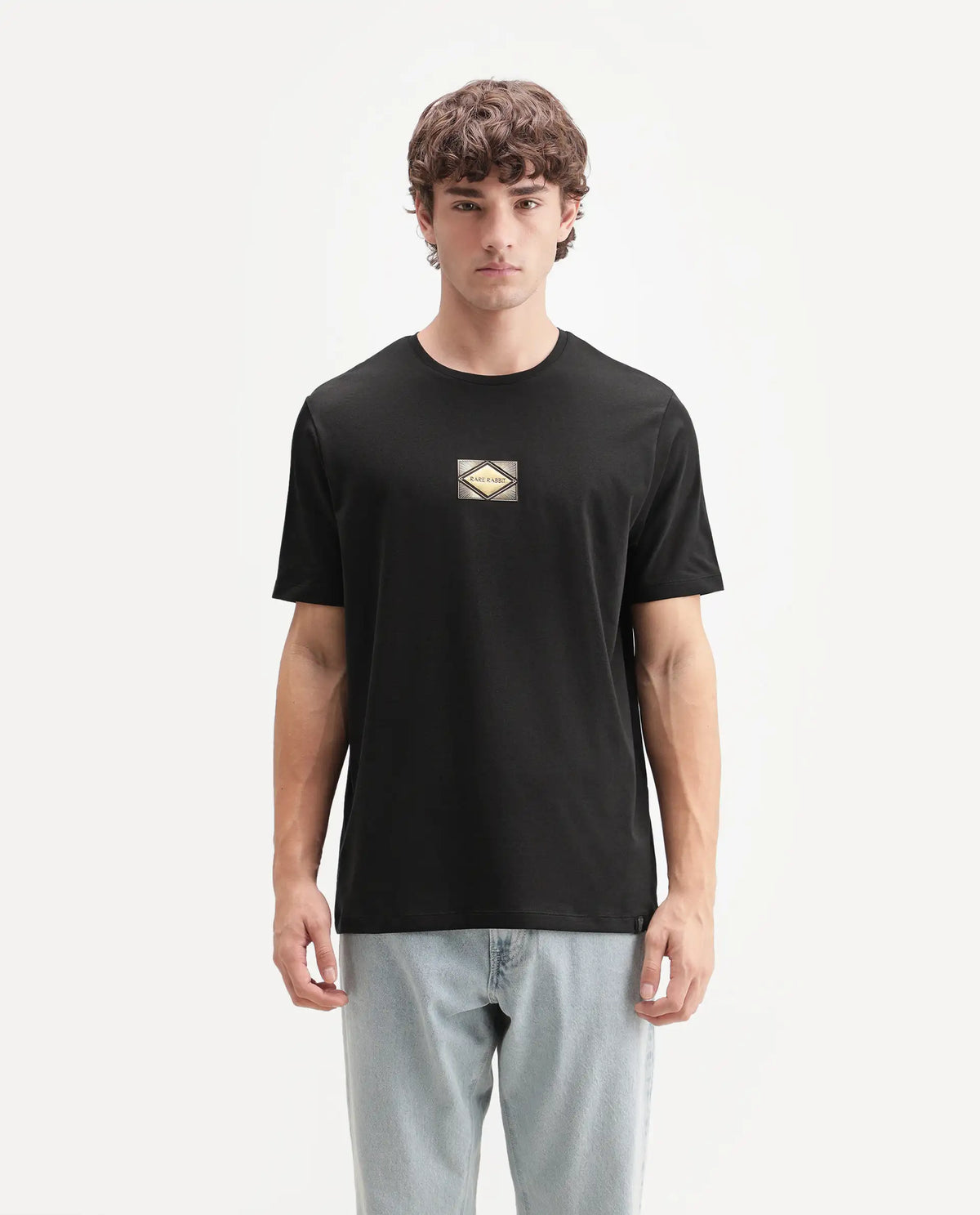 Rare Rabbit Men's Deco Black Cotton Blend Crew Neck Regular Graphic Print T-Shirt
