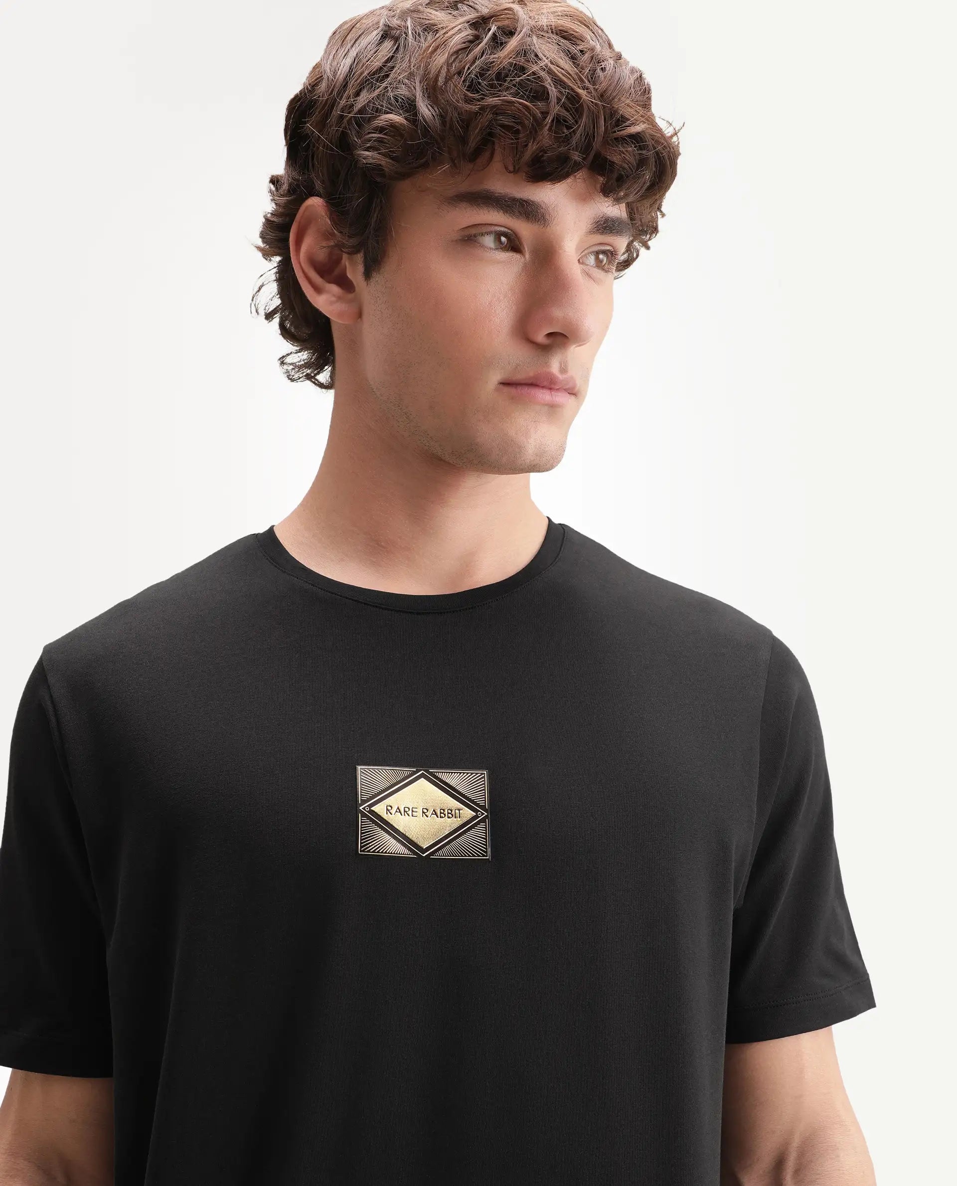 Rare Rabbit Men's Deco Black Cotton Blend Crew Neck Regular Graphic Print T-Shirt