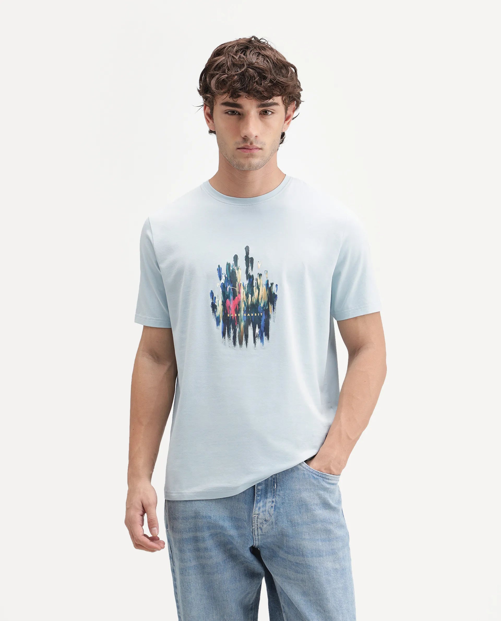 Rare Rabbit Men's Knight Light Blue Cotton Blend Crew Neck Regular Graphic Print T-Shirt
