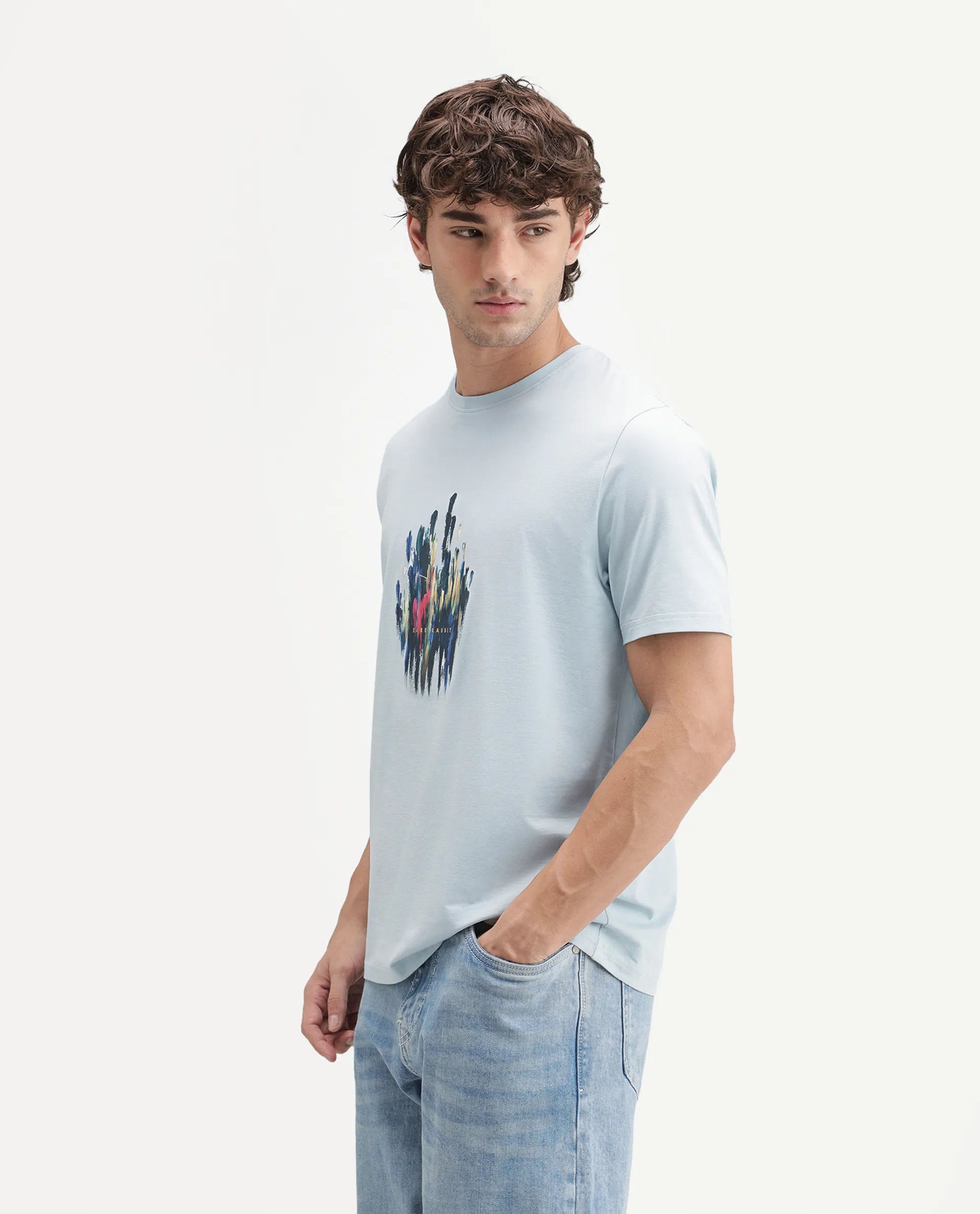 Rare Rabbit Men's Knight Light Blue Cotton Blend Crew Neck Regular Graphic Print T-Shirt