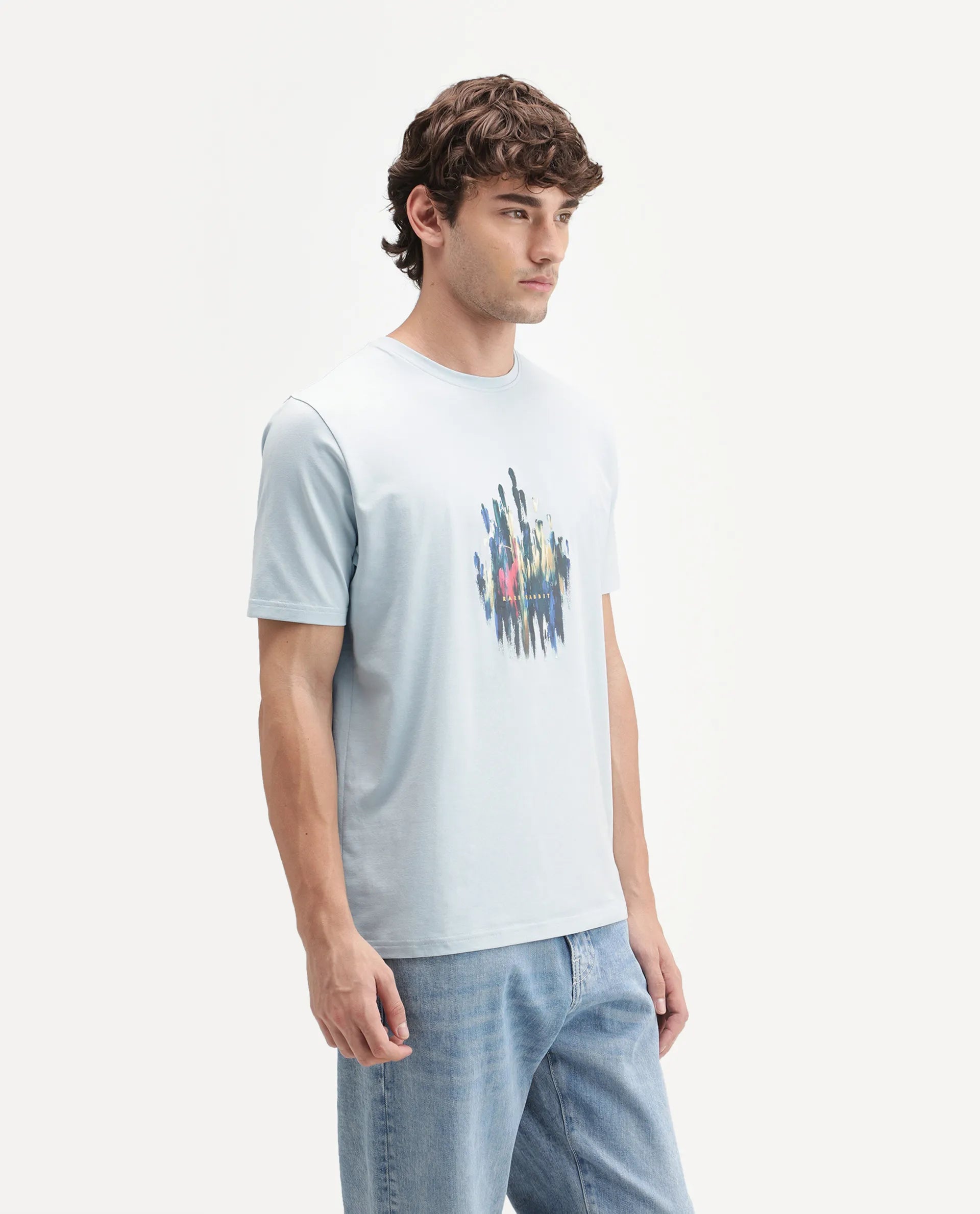 Rare Rabbit Men's Knight Light Blue Cotton Blend Crew Neck Regular Graphic Print T-Shirt