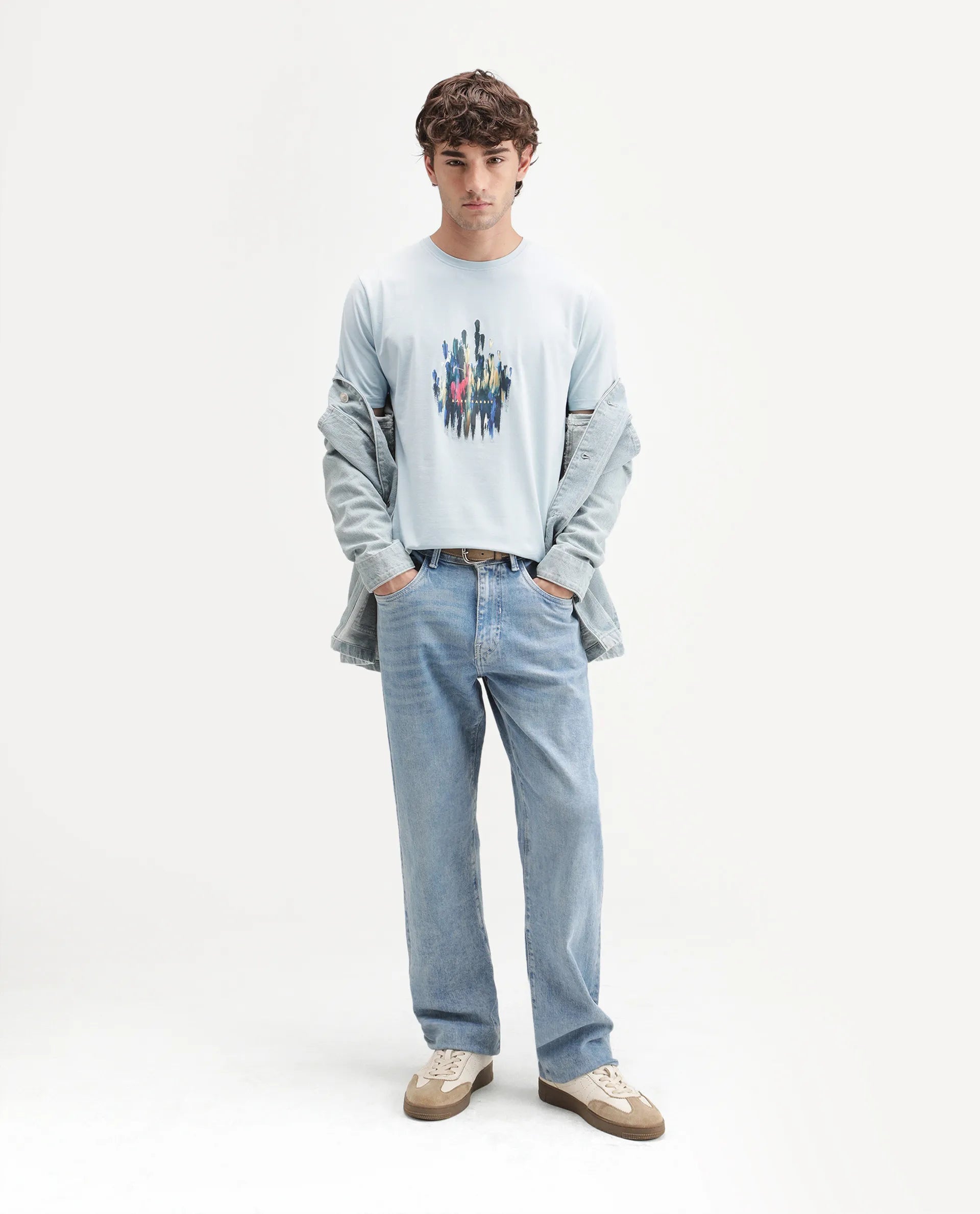 Rare Rabbit Men's Knight Light Blue Cotton Blend Crew Neck Regular Graphic Print T-Shirt