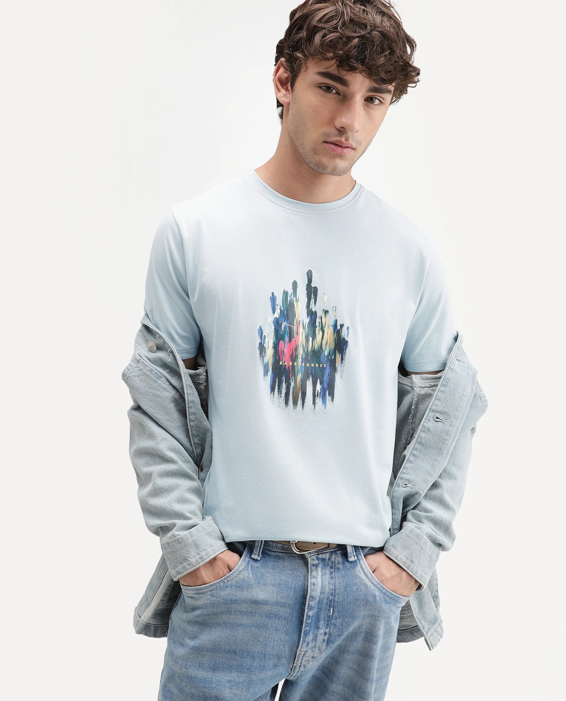 Rare Rabbit Men's Knight Light Blue Cotton Blend Crew Neck Regular Graphic Print T-Shirt
