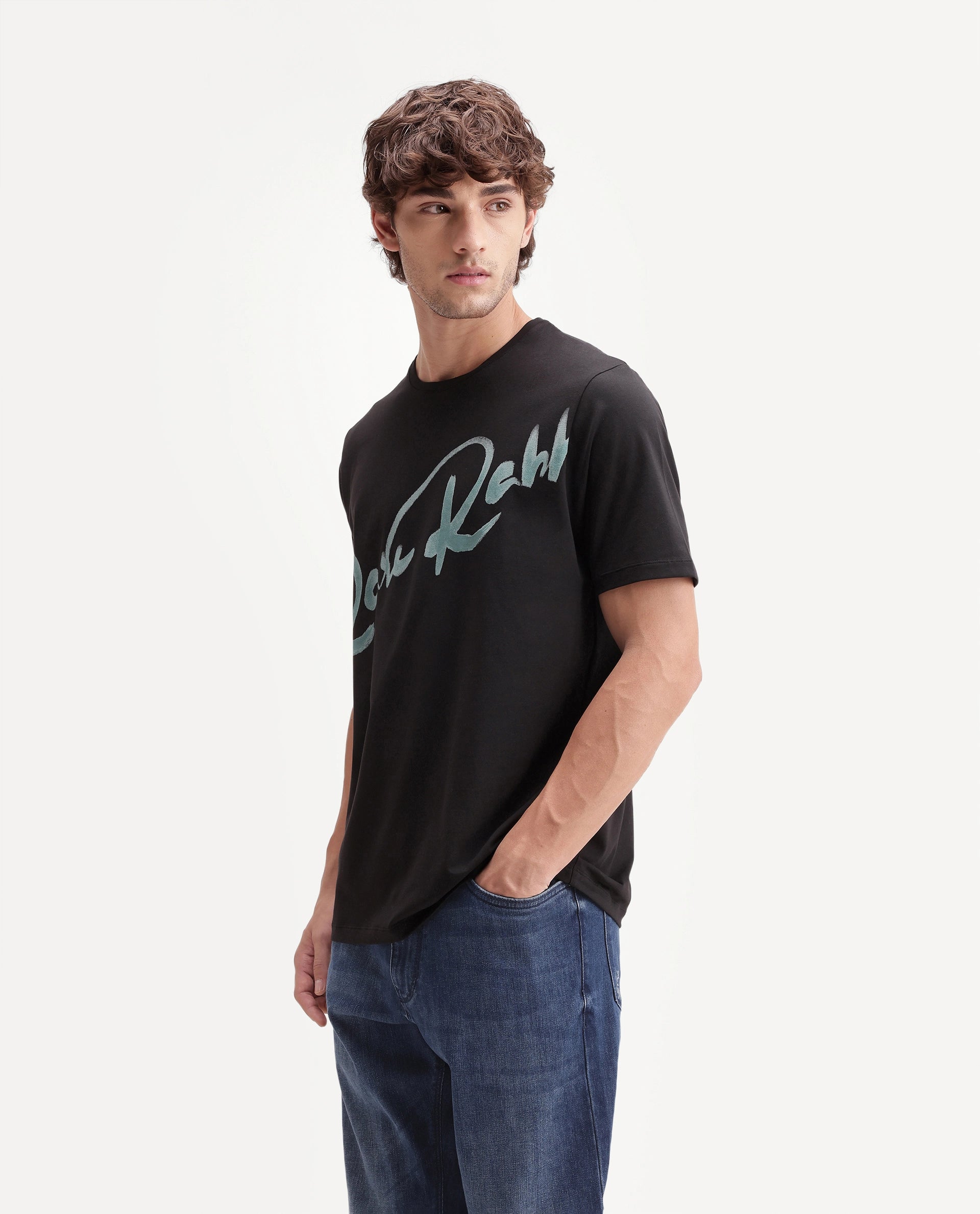 Rare Rabbit Men's Stevol Black Cotton Blend Crew Neck Regular Graphic Print T-Shirt