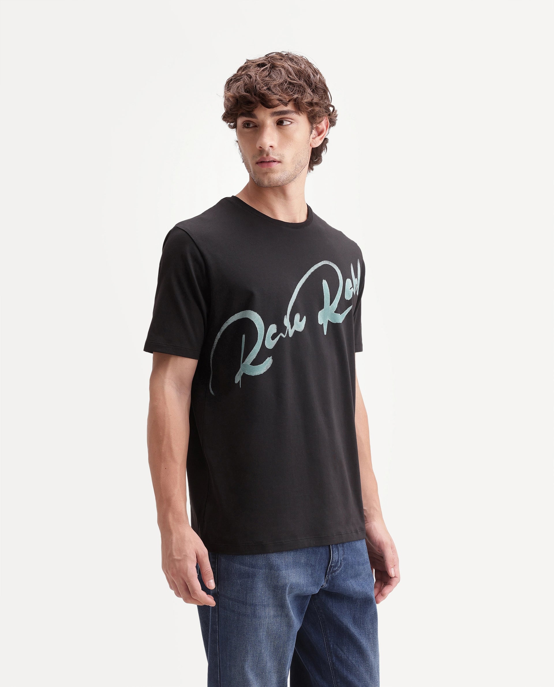 Rare Rabbit Men's Stevol Black Cotton Blend Crew Neck Regular Graphic Print T-Shirt