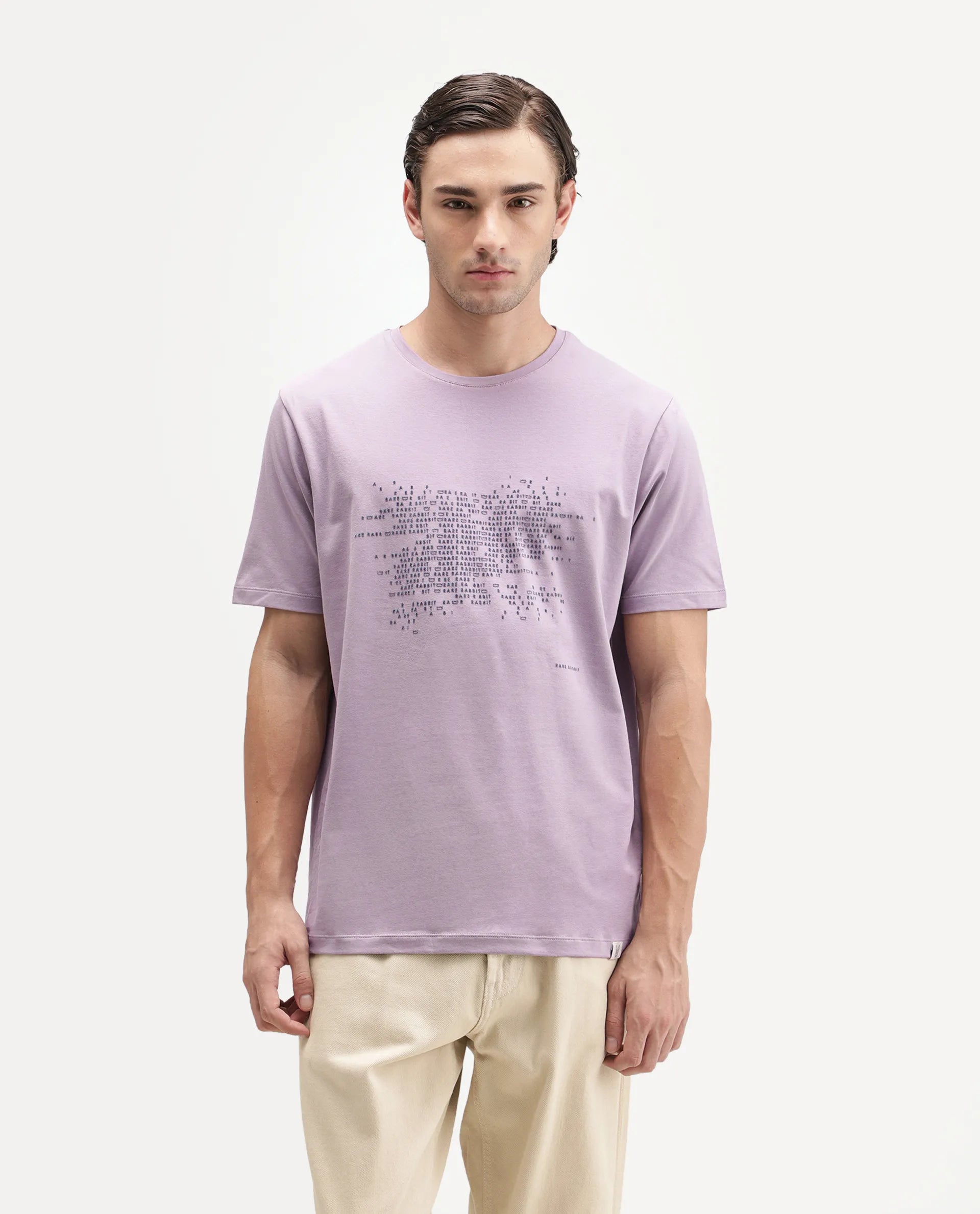 Rare Rabbit Men's Nero Light Purple Cotton Blend Crew Neck Regular Graphic Print T-Shirt