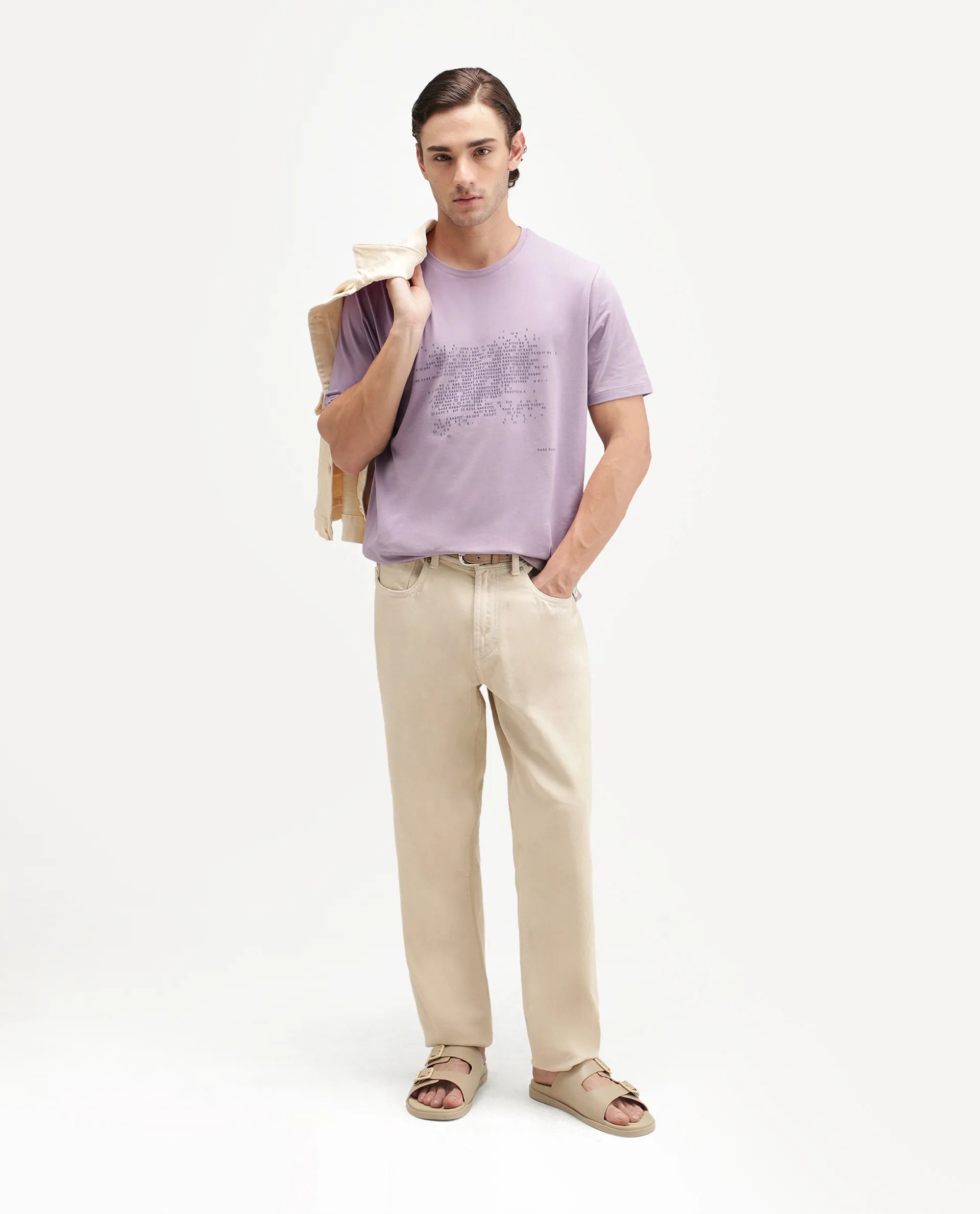 Rare Rabbit Men's Nero Light Purple Cotton Blend Crew Neck Regular Graphic Print T-Shirt