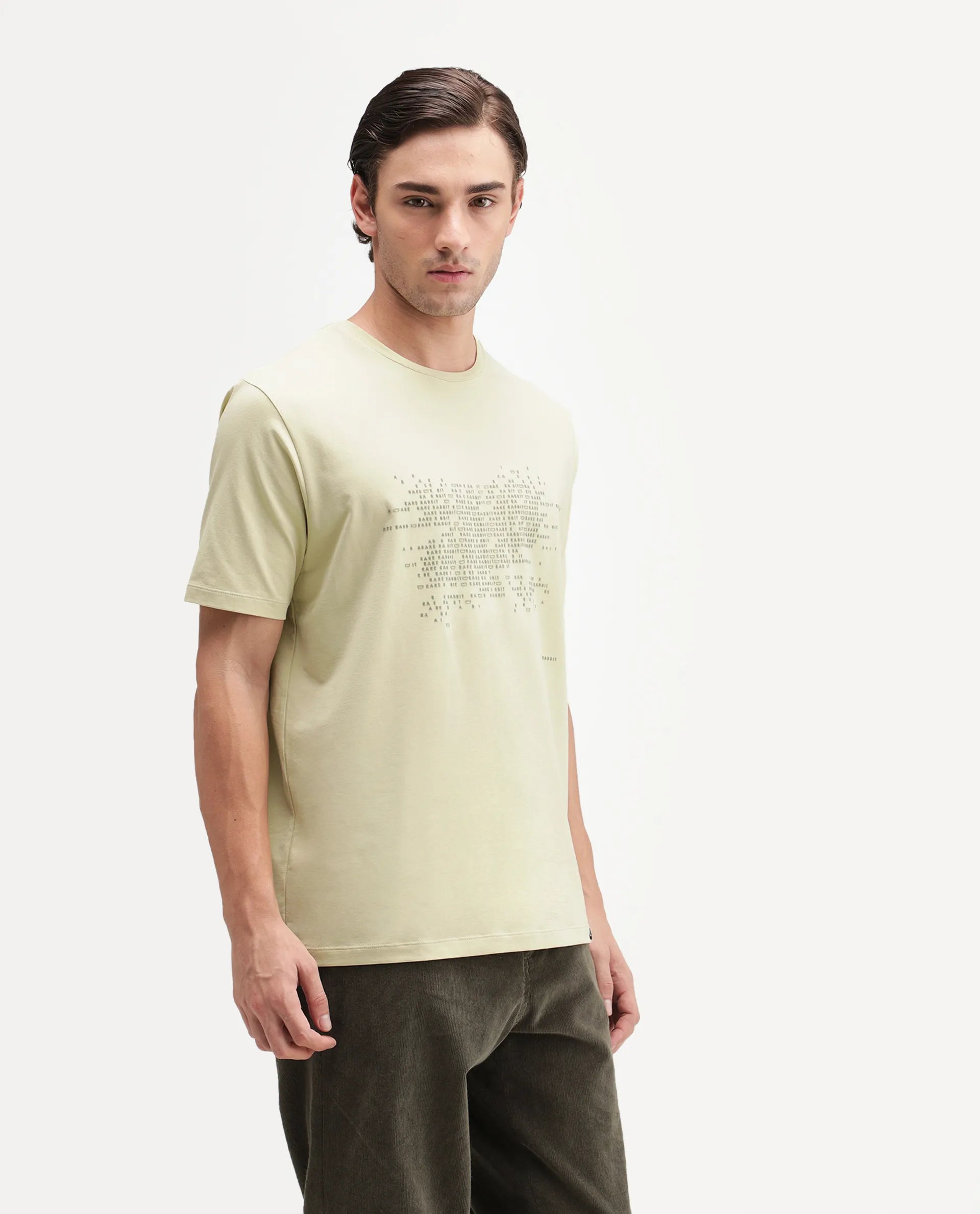 Rare Rabbit Men's Nero Light Green Cotton Blend Crew Neck Regular Graphic Print T-Shirt