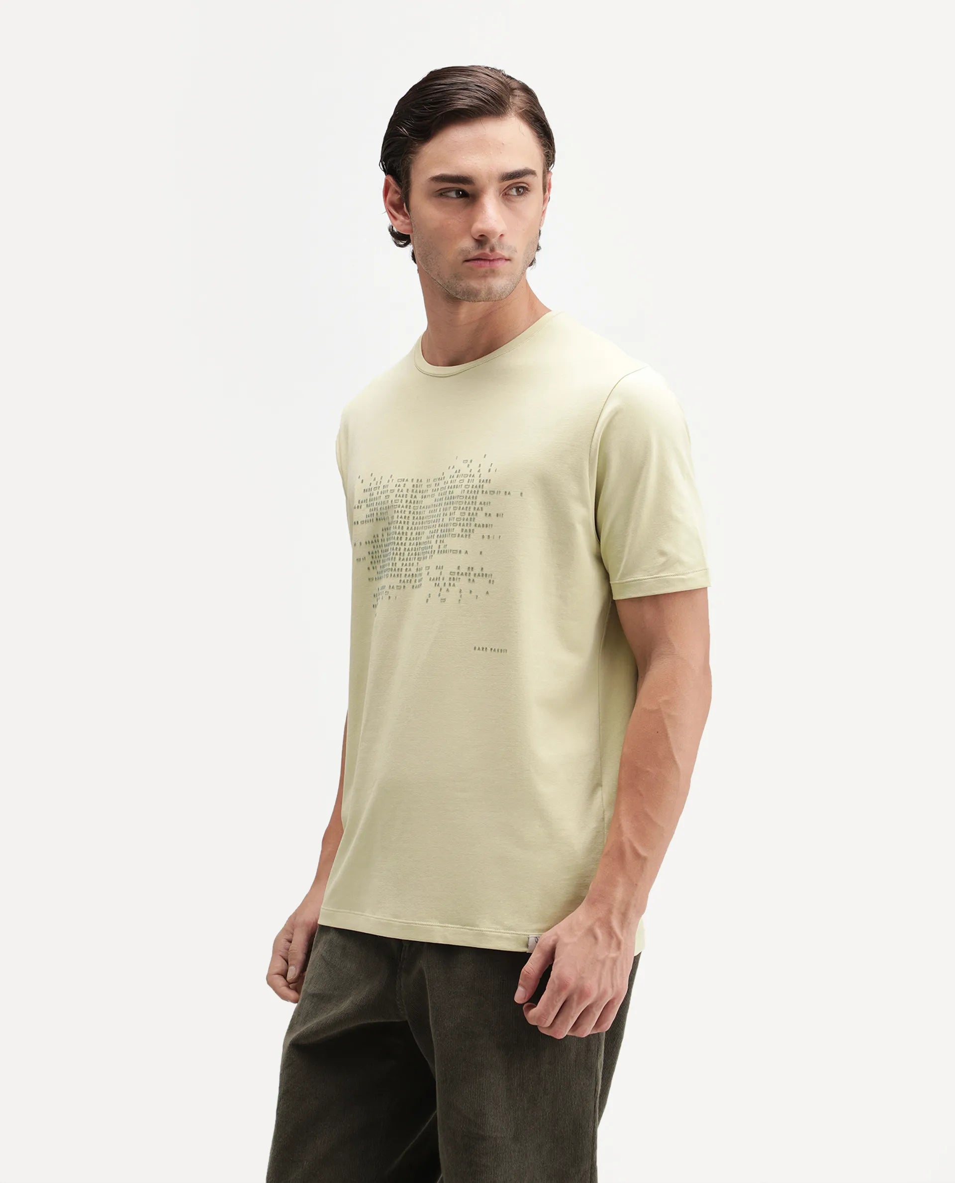 Rare Rabbit Men's Nero Light Green Cotton Blend Crew Neck Regular Graphic Print T-Shirt