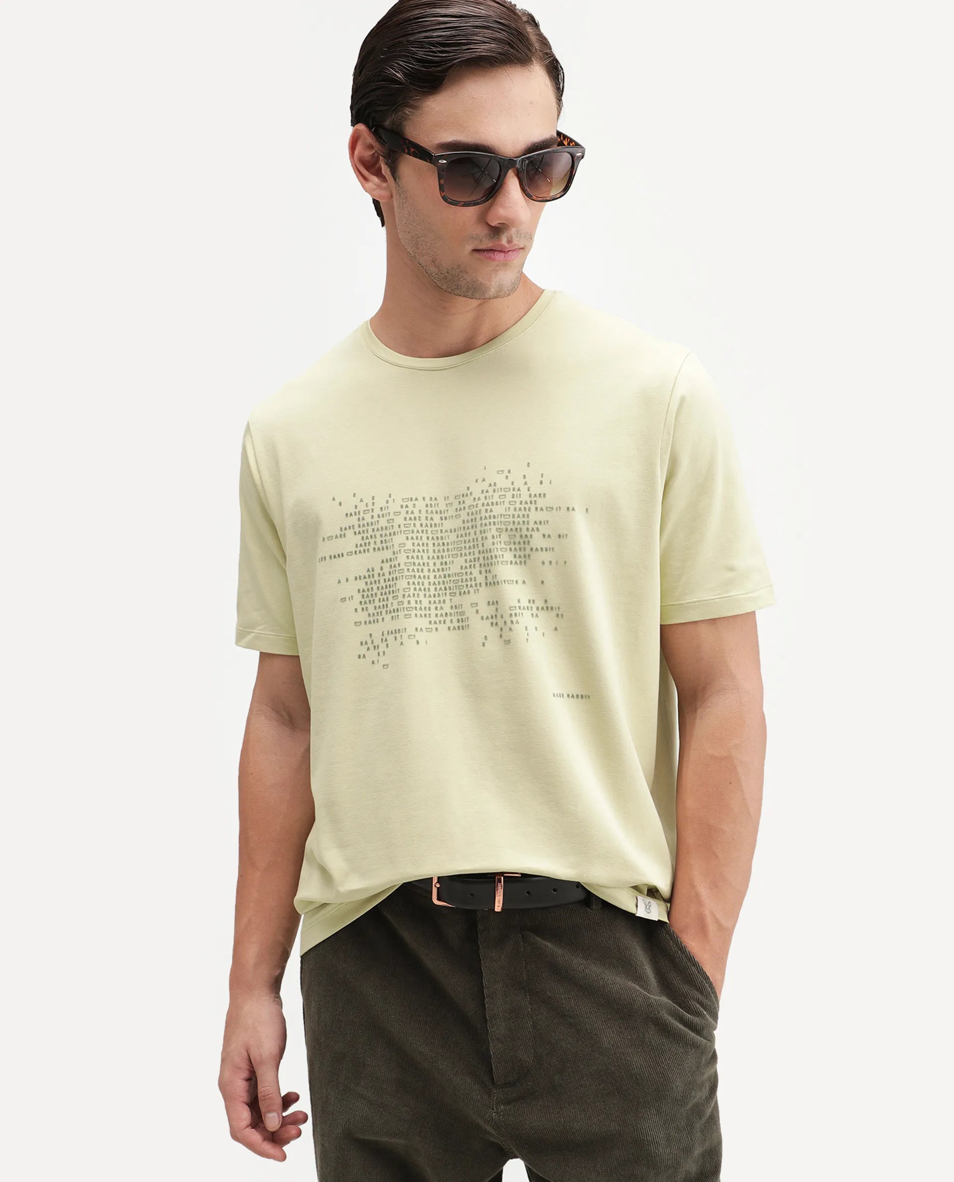 Rare Rabbit Men's Nero Light Green Cotton Blend Crew Neck Regular Graphic Print T-Shirt