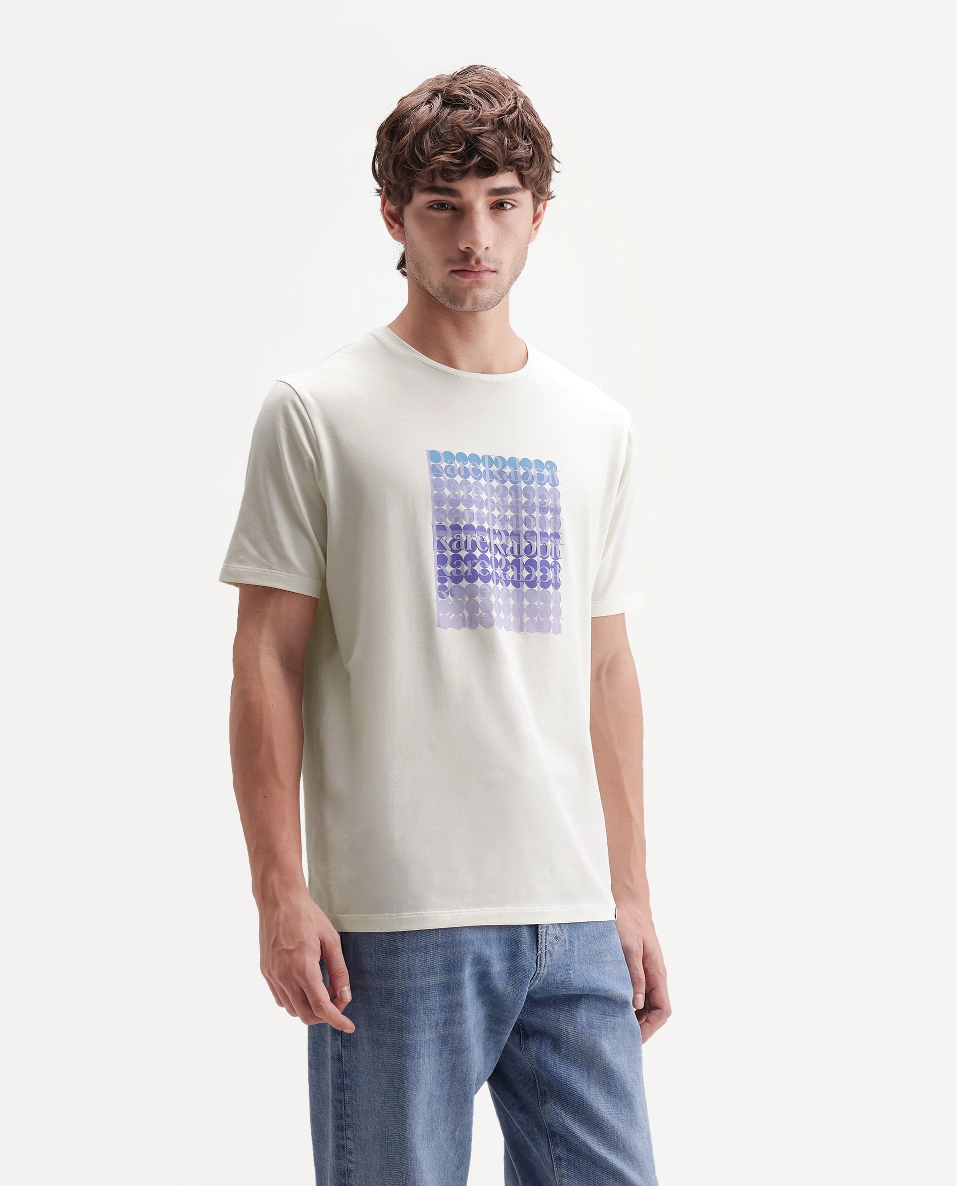 Rare Rabbit Men's Henman Primary Off White Cotton Blend Crew Neck Regular Graphic Print T-Shirt