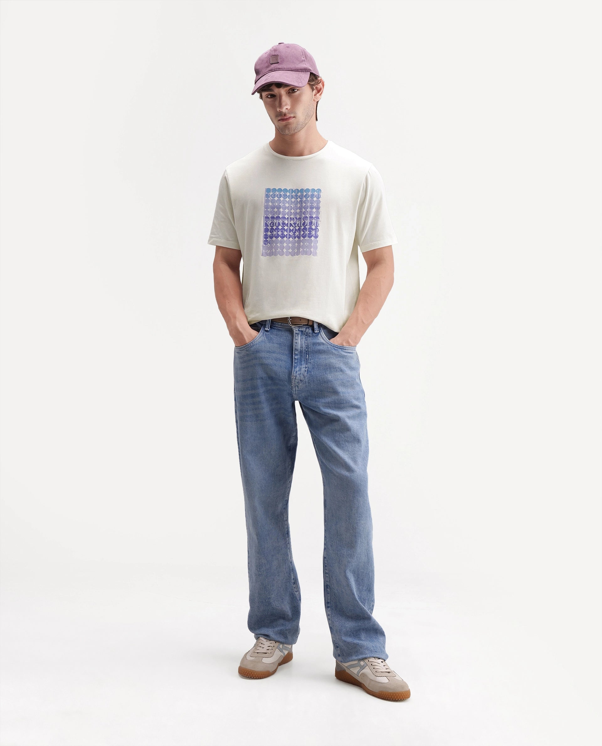 Rare Rabbit Men's Henman Primary Off White Cotton Blend Crew Neck Regular Graphic Print T-Shirt