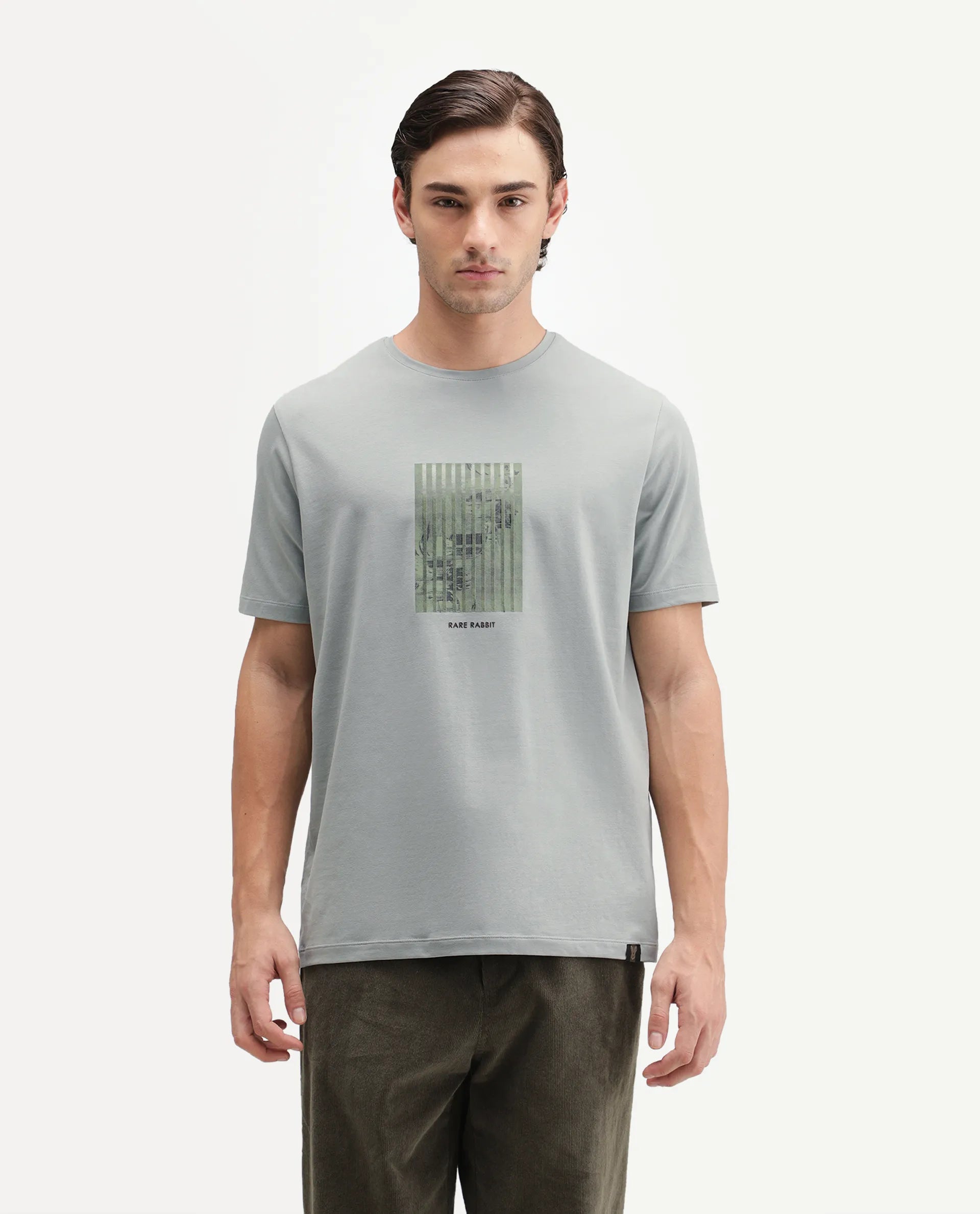 Rare Rabbit Men's Plod Dusky Green Cotton Blend Crew Neck Regular Graphic Print T-Shirt