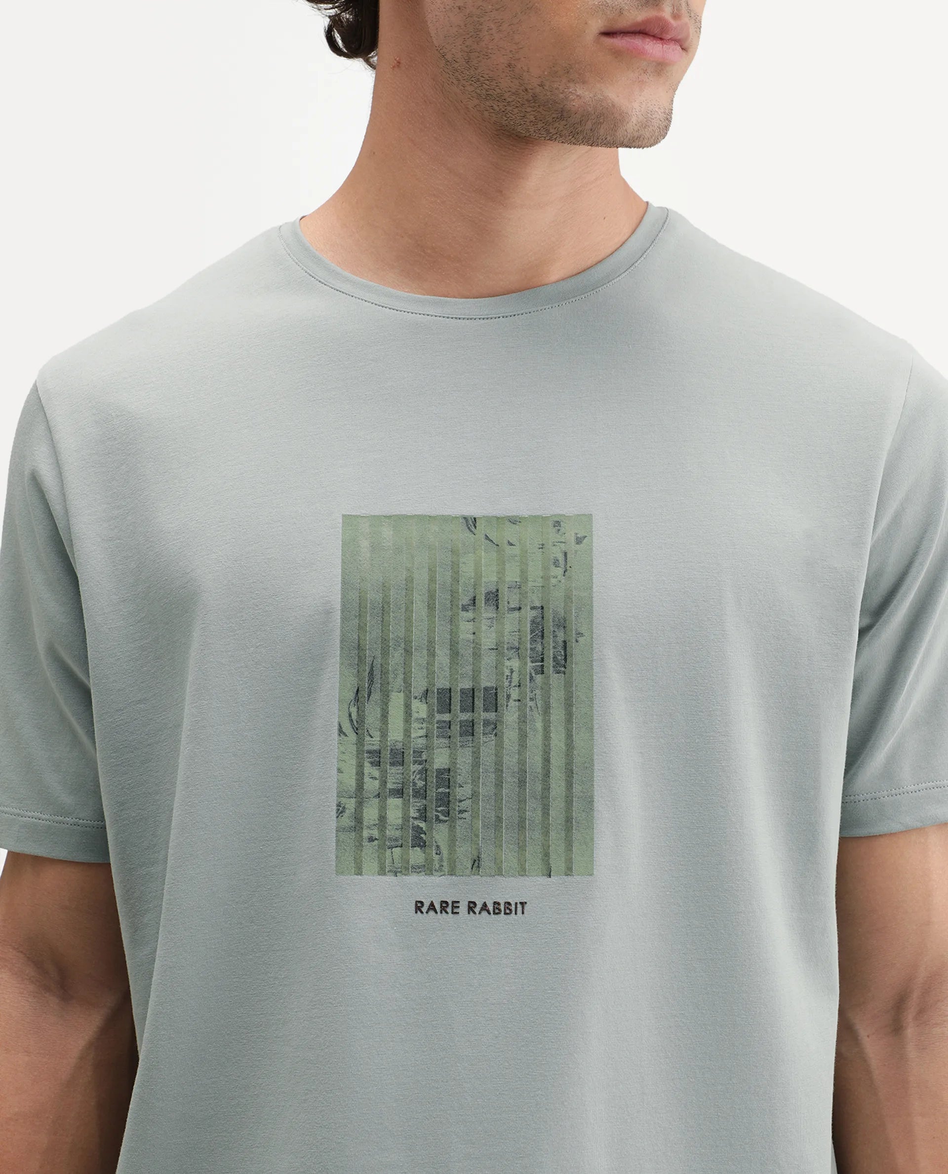 Rare Rabbit Men's Plod Dusky Green Cotton Blend Crew Neck Regular Graphic Print T-Shirt