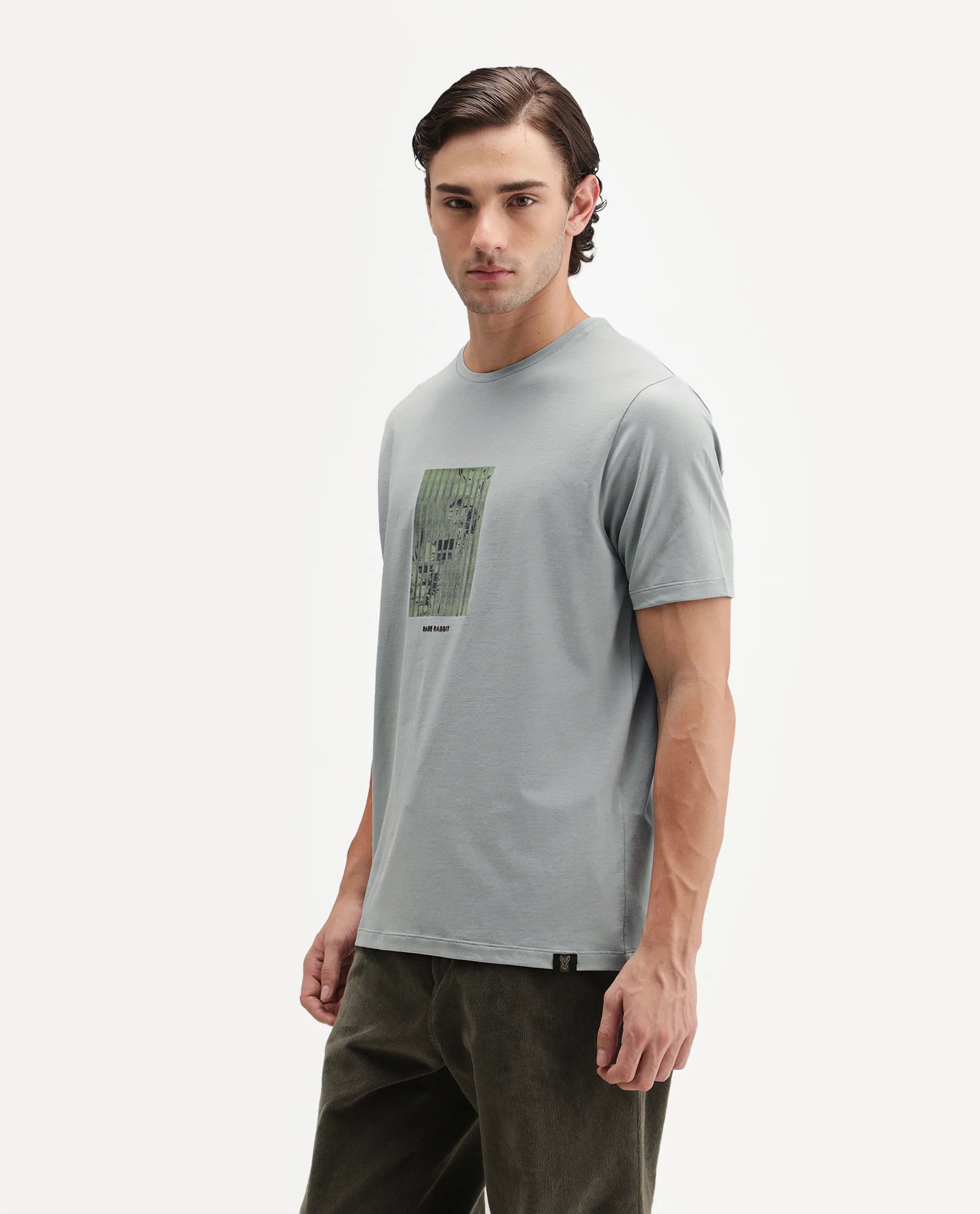Rare Rabbit Men's Plod Dusky Green Cotton Blend Crew Neck Regular Graphic Print T-Shirt