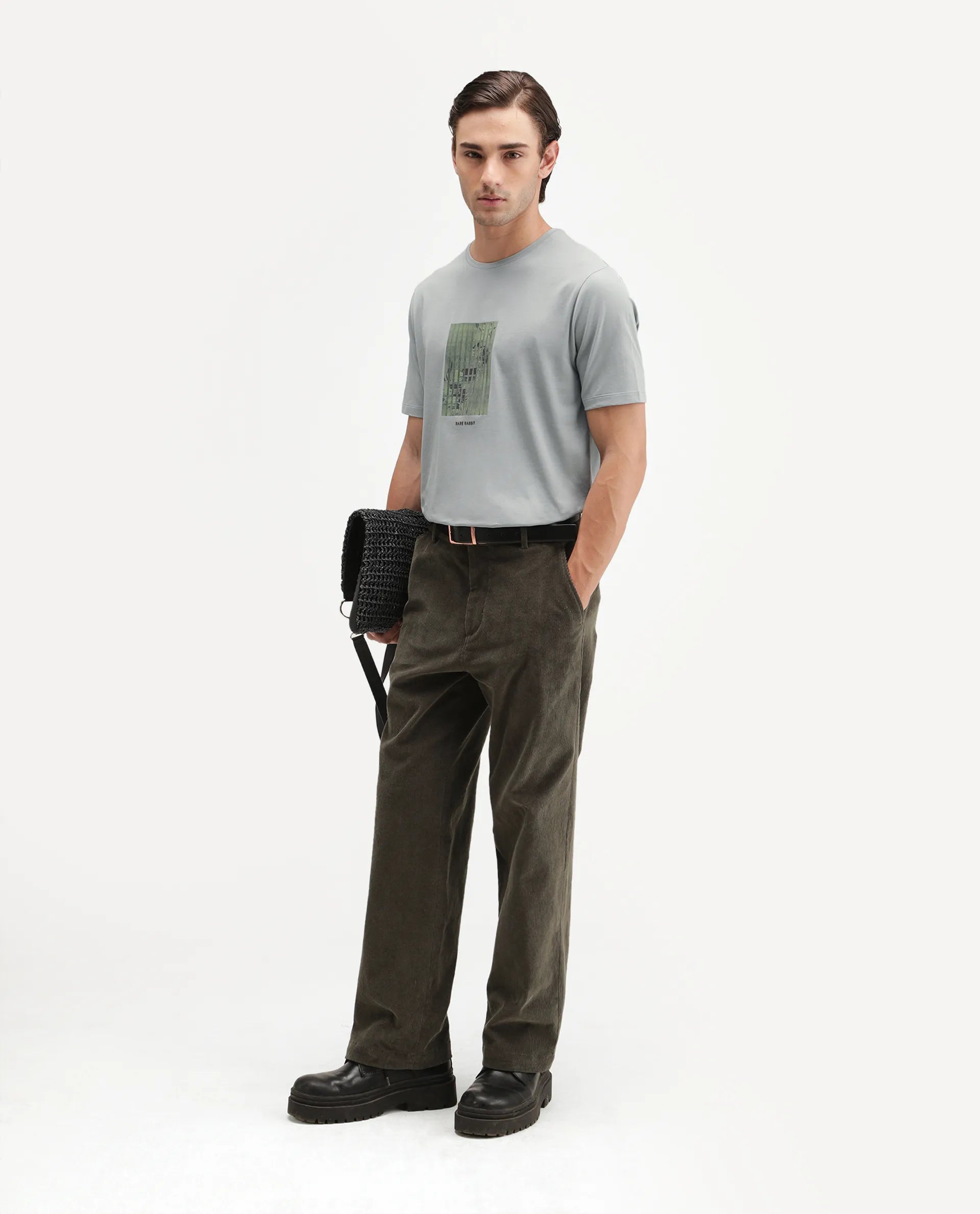 Rare Rabbit Men's Plod Dusky Green Cotton Blend Crew Neck Regular Graphic Print T-Shirt