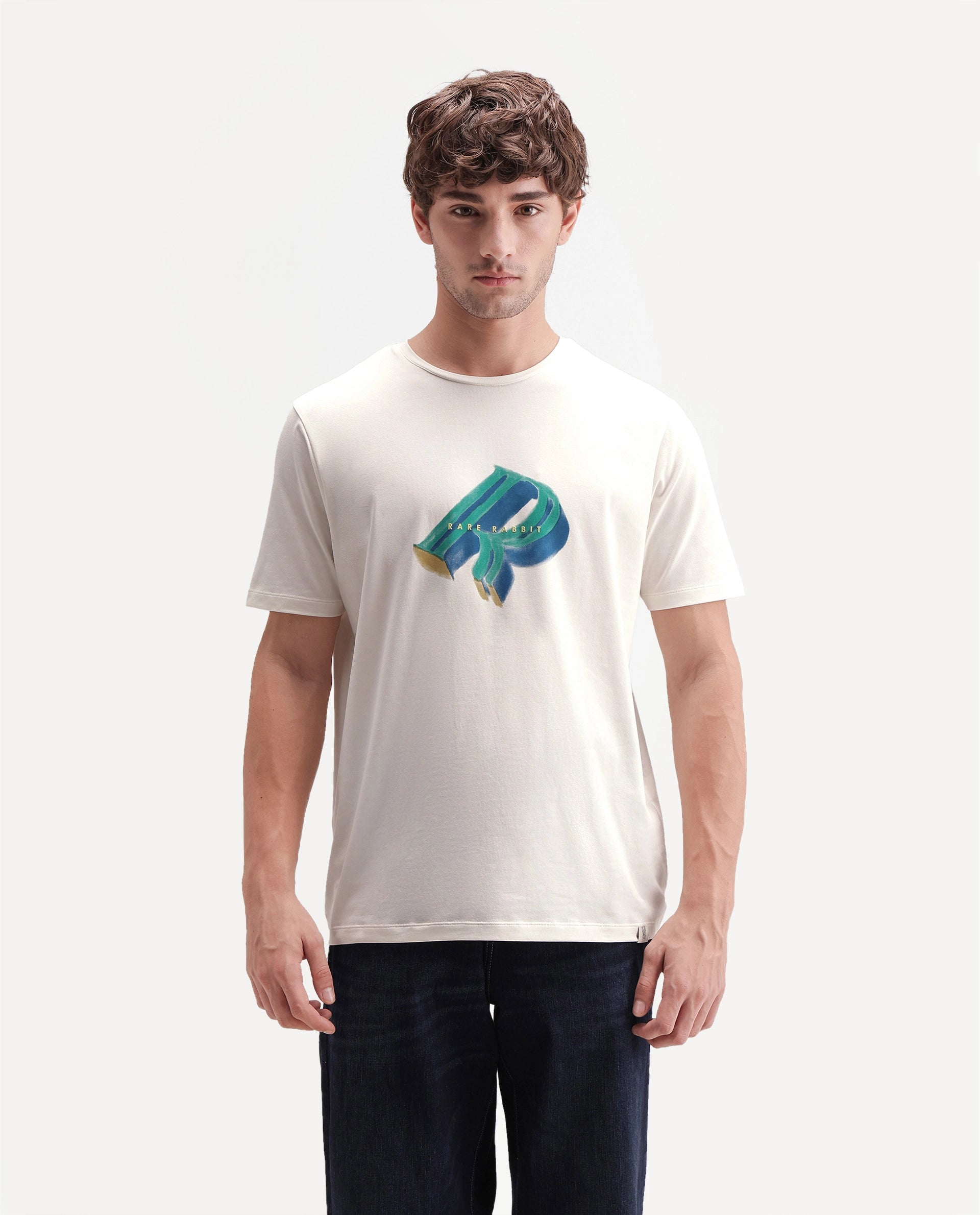 Rare Rabbit Men's Kim Off White Cotton Blend Crew Neck Regular Graphic Print T-Shirt
