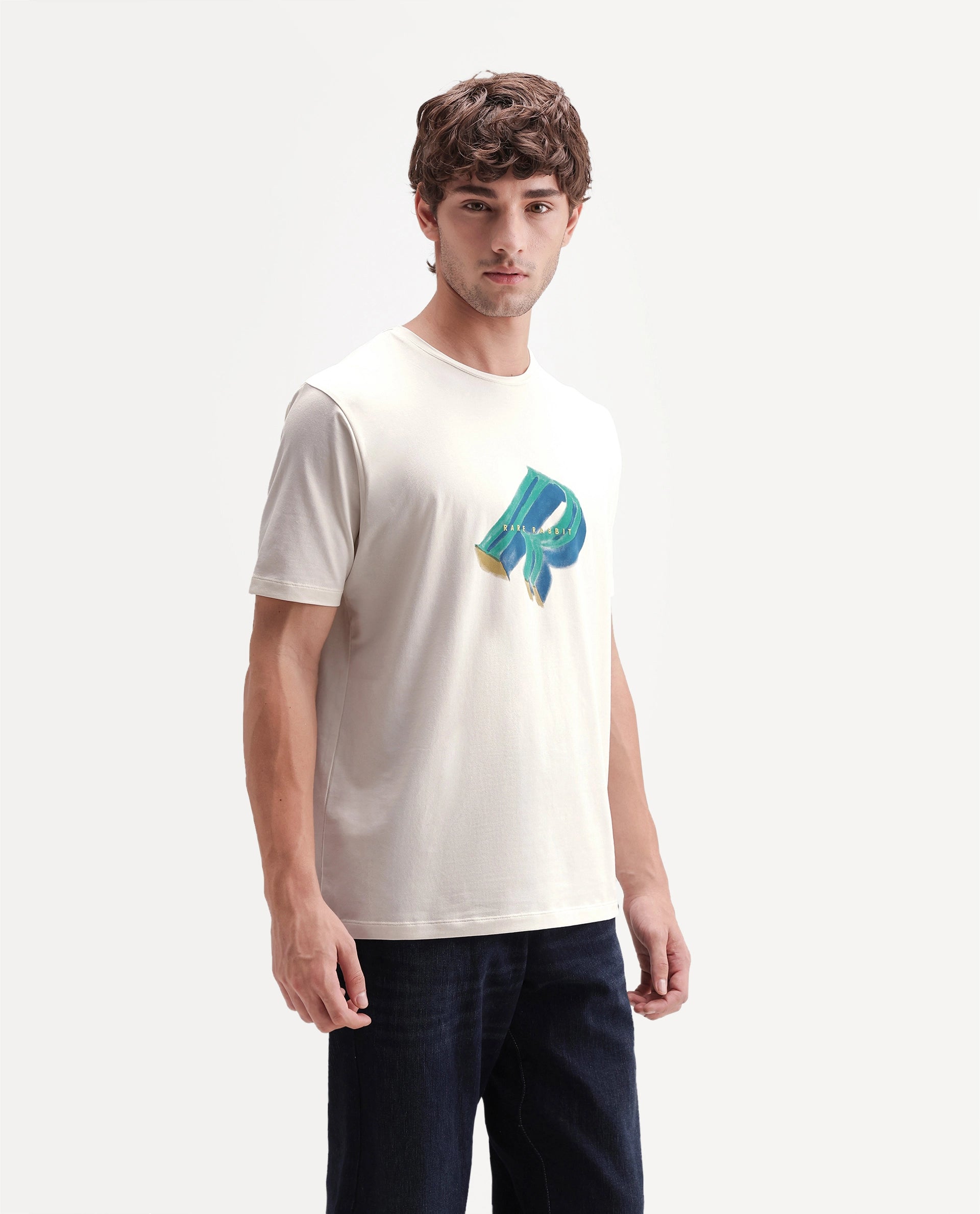 Rare Rabbit Men's Kim Off White Cotton Blend Crew Neck Regular Graphic Print T-Shirt