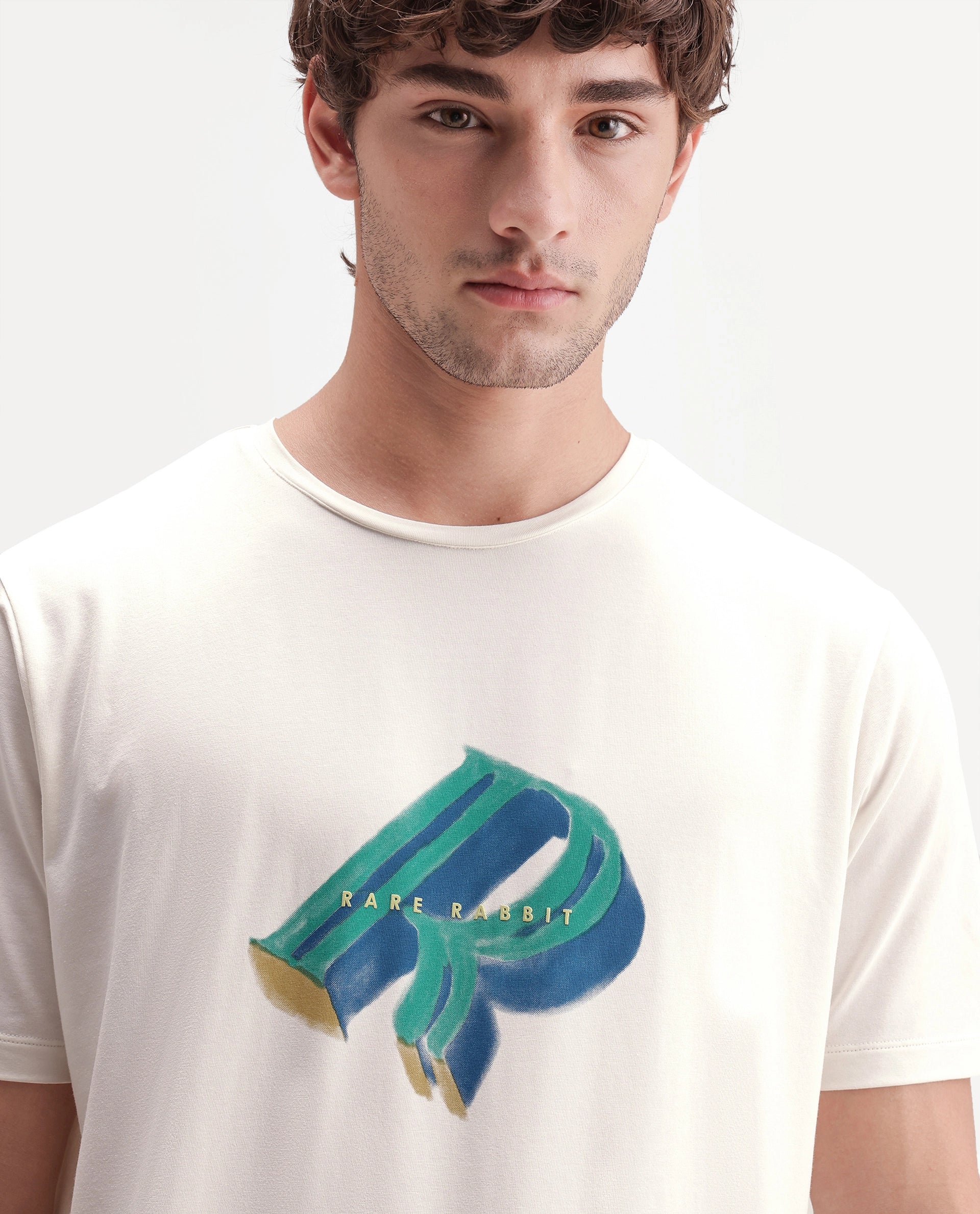 Rare Rabbit Men's Kim Off White Cotton Blend Crew Neck Regular Graphic Print T-Shirt