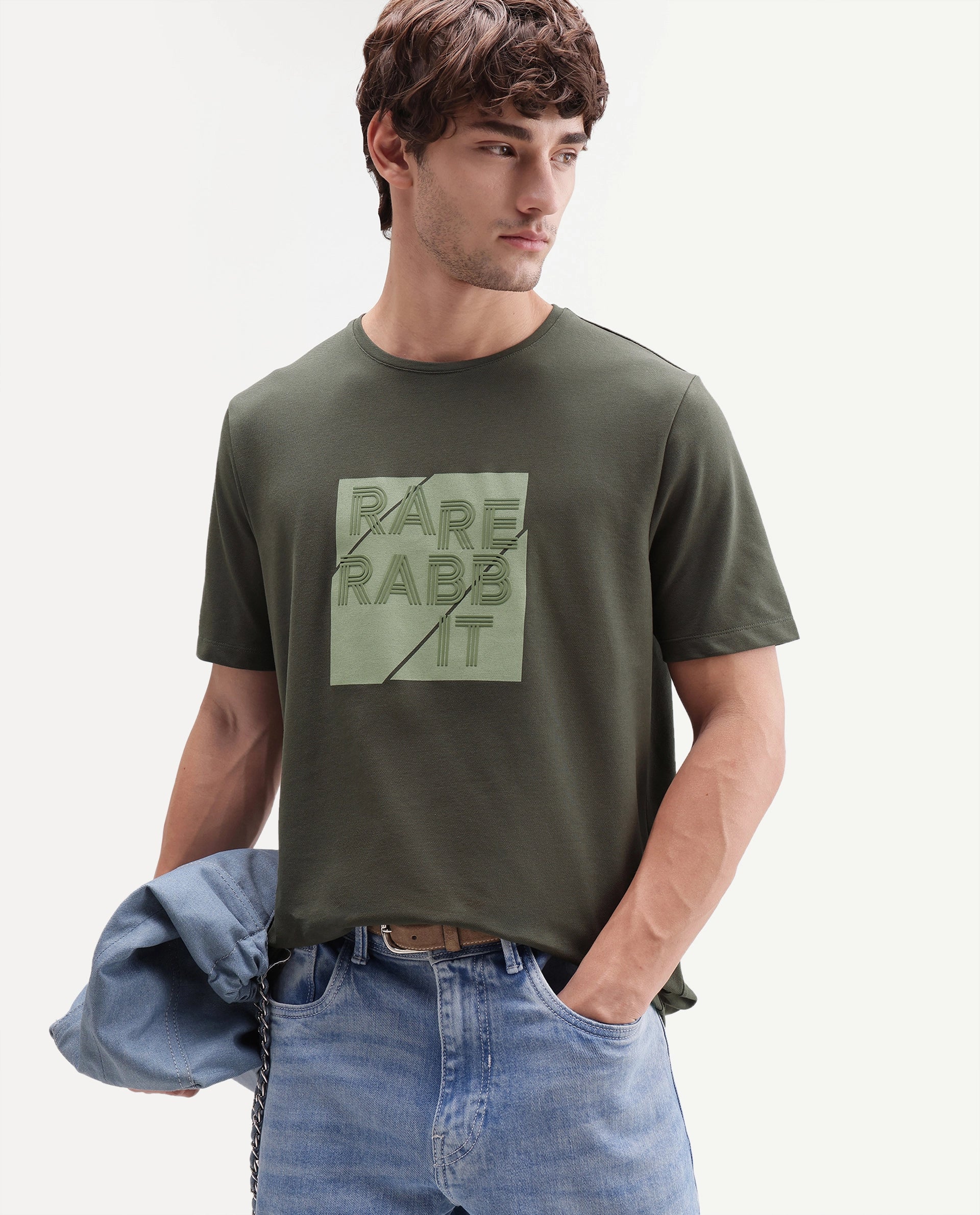 Rare Rabbit Men's Brett Olive Cotton Blend Crew Neck Regular Graphic Print T-Shirt