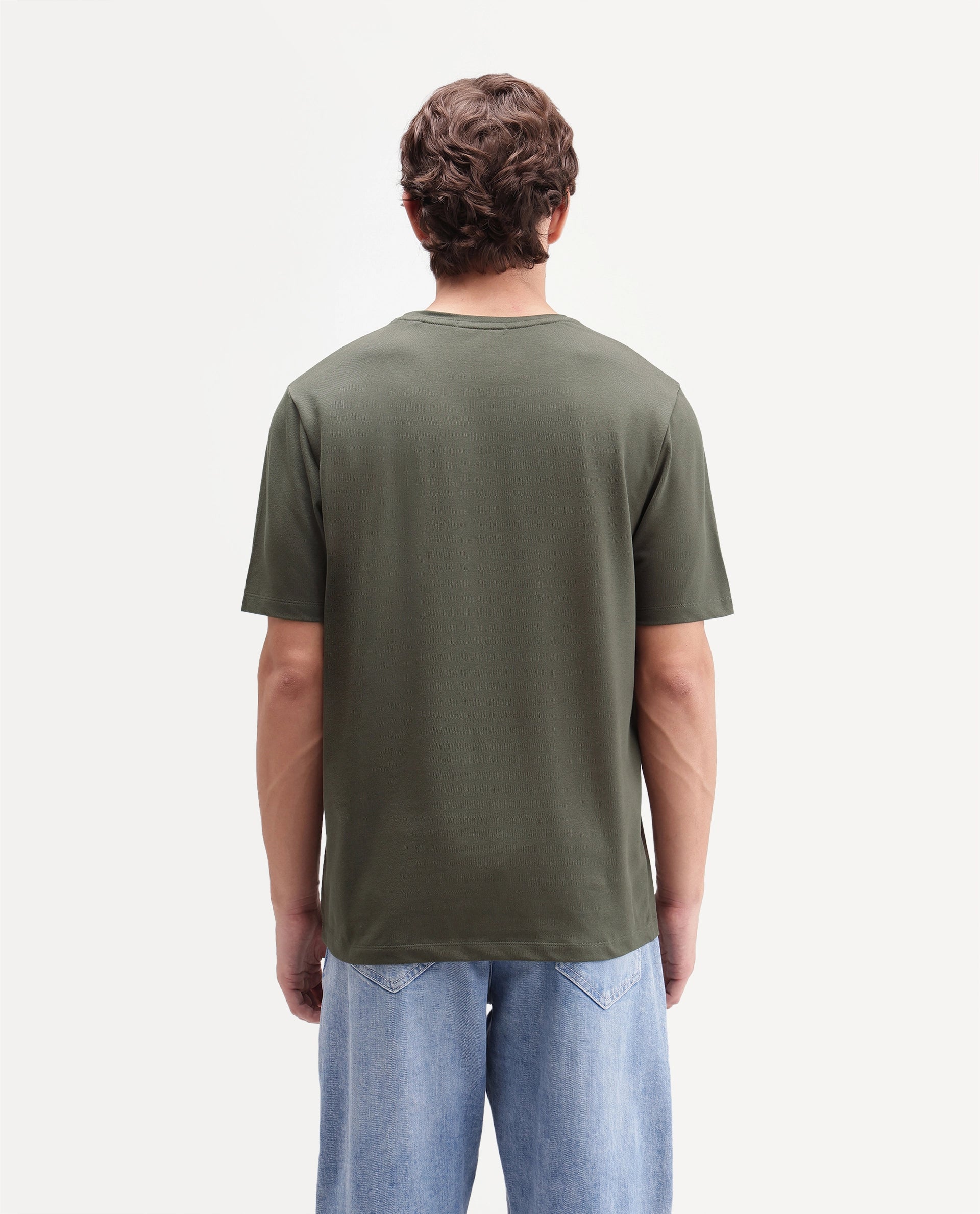 Rare Rabbit Men's Brett Olive Cotton Blend Crew Neck Regular Graphic Print T-Shirt