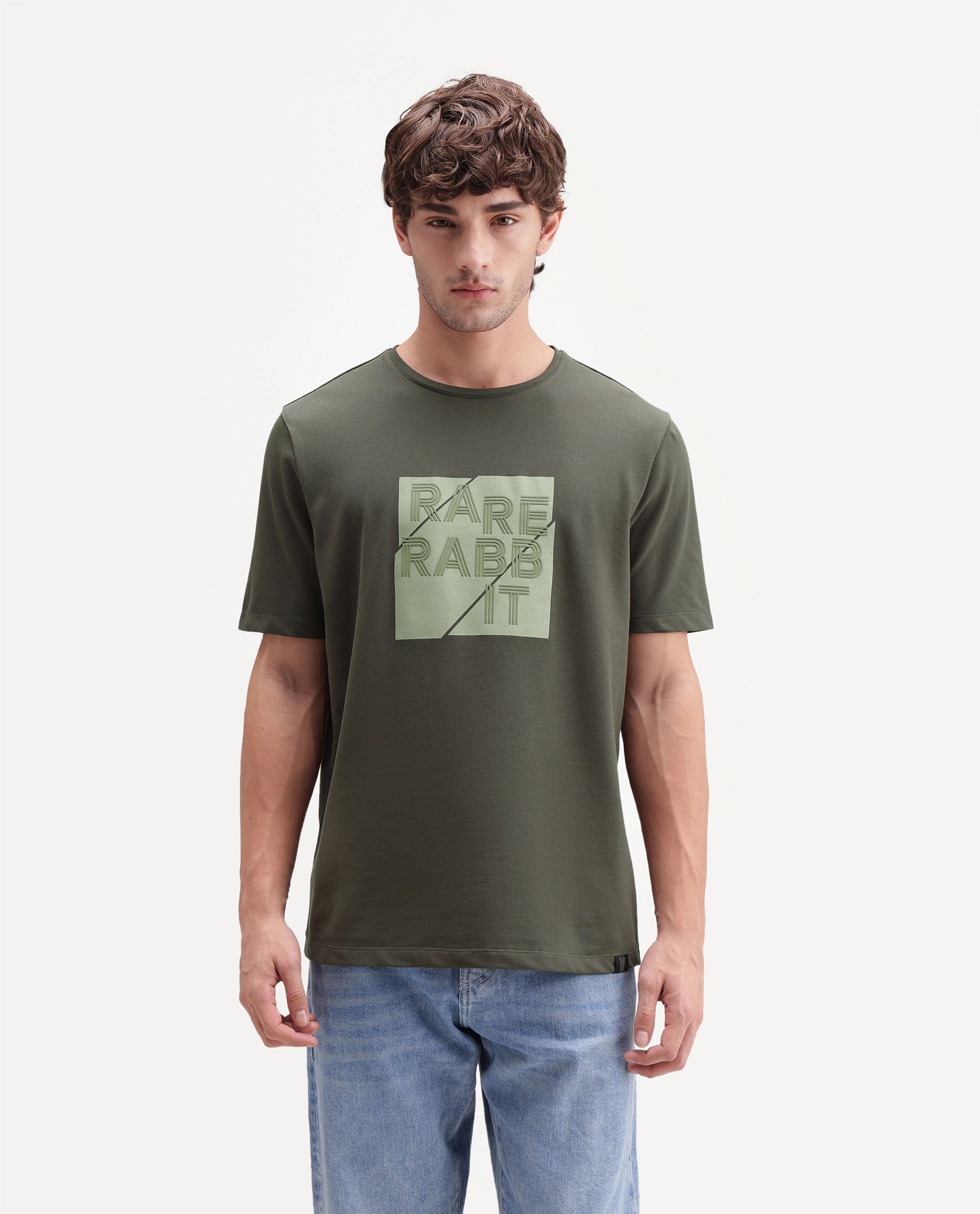 Rare Rabbit Men's Brett Olive Cotton Blend Crew Neck Regular Graphic Print T-Shirt