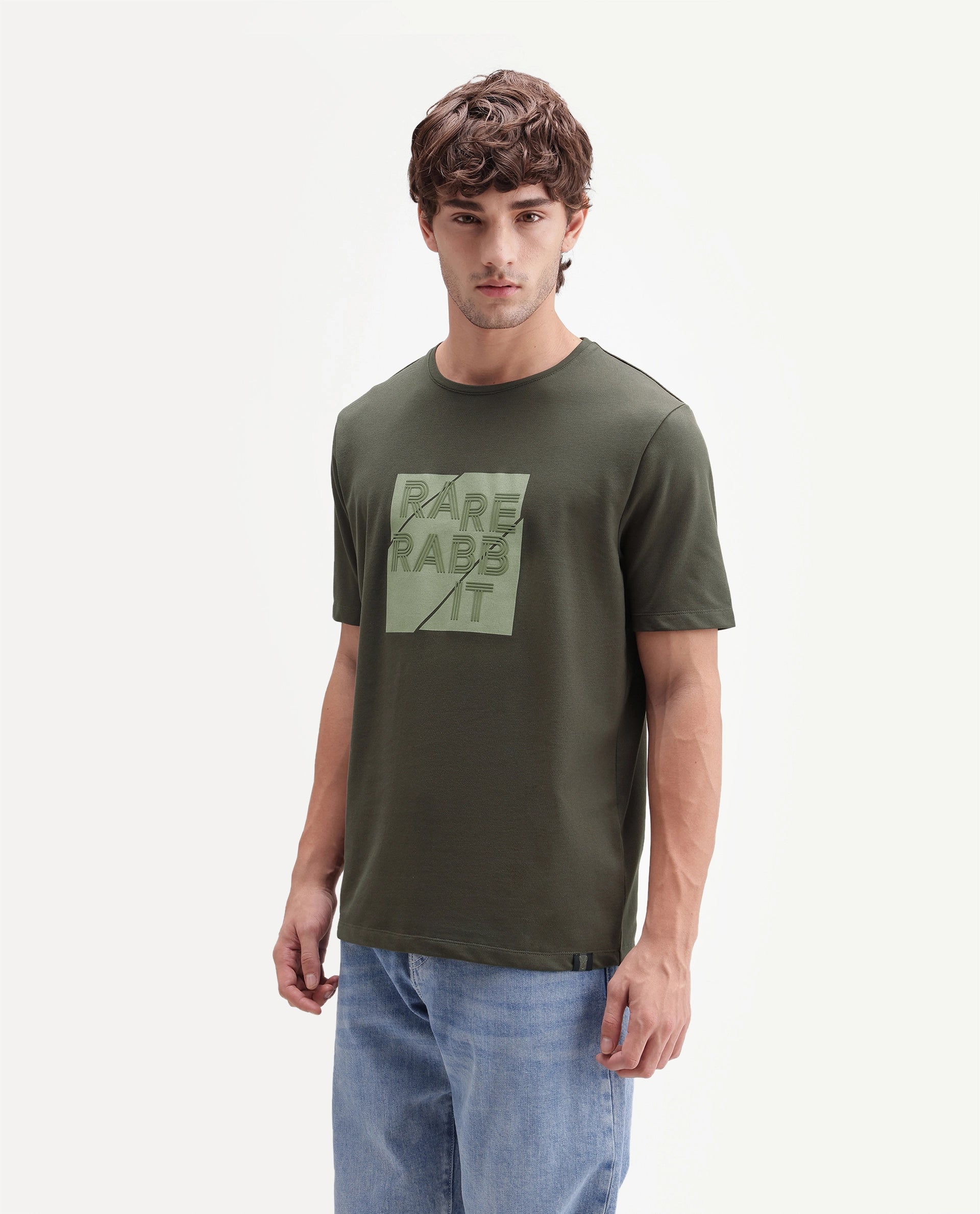 Rare Rabbit Men's Brett Olive Cotton Blend Crew Neck Regular Graphic Print T-Shirt
