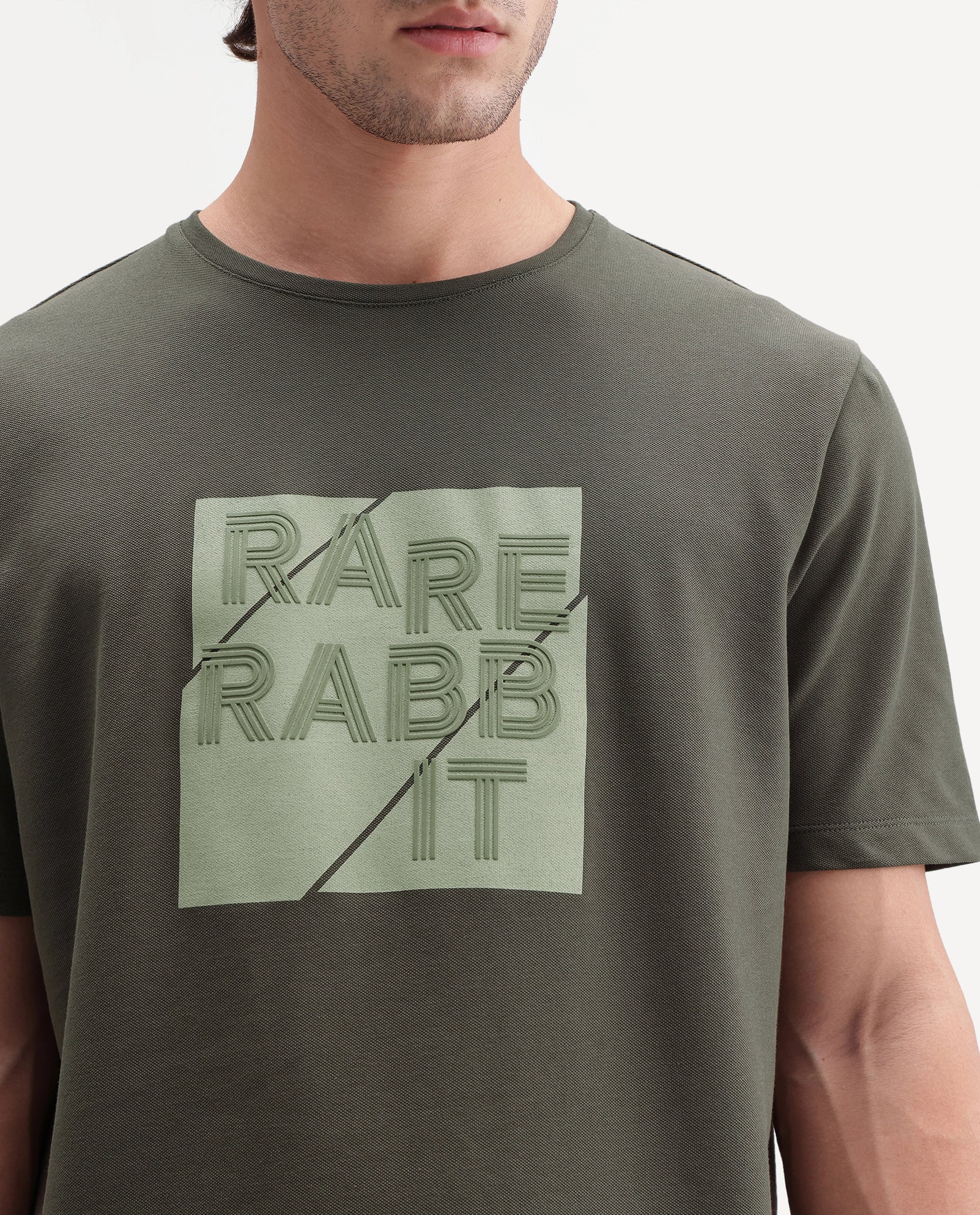 Rare Rabbit Men's Brett Olive Cotton Blend Crew Neck Regular Graphic Print T-Shirt