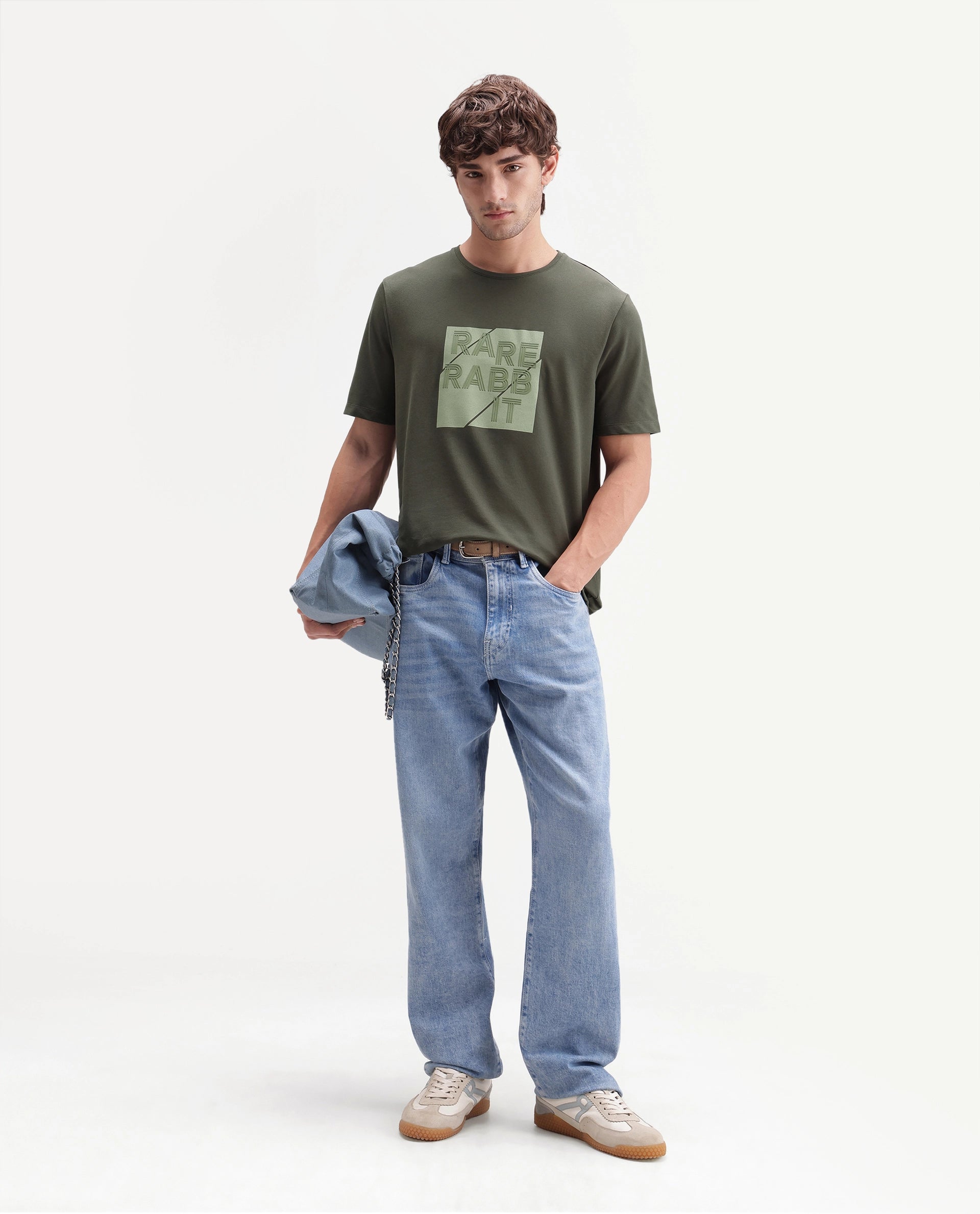 Rare Rabbit Men's Brett Olive Cotton Blend Crew Neck Regular Graphic Print T-Shirt