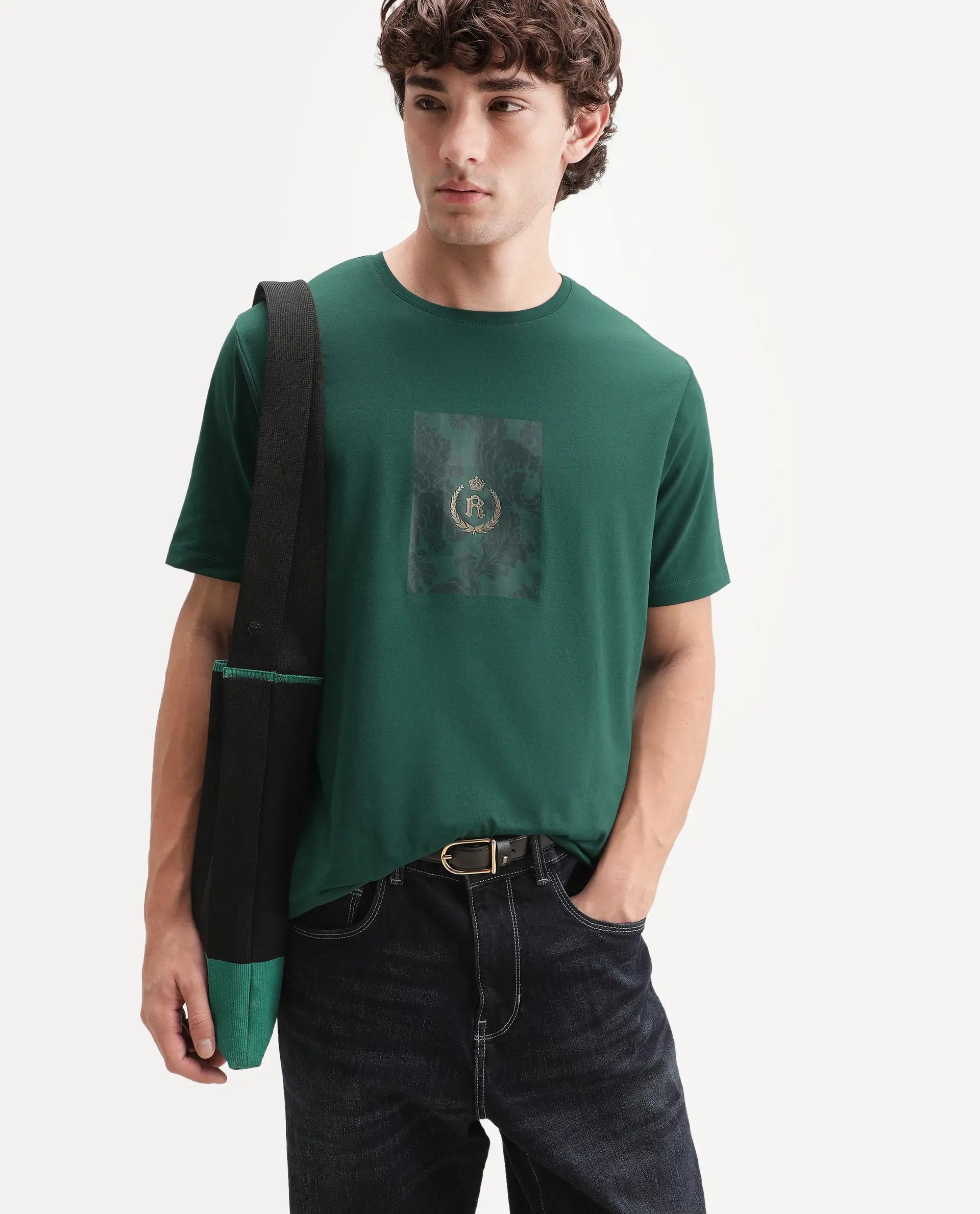 Rare Rabbit Men's Woakes Green Cotton Blend Crew Neck Regular Graphic Print T-Shirt