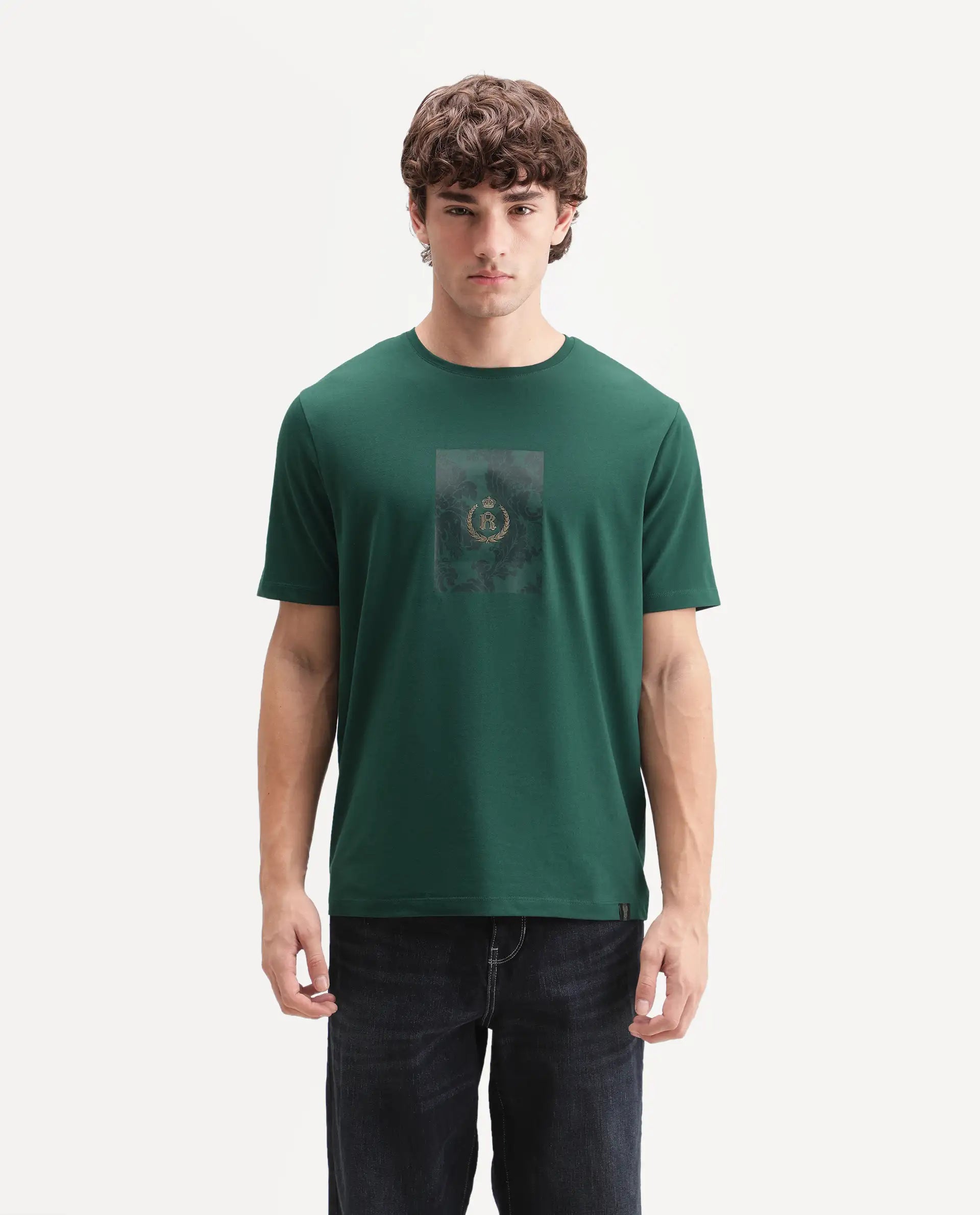 Rare Rabbit Men's Woakes Green Cotton Blend Crew Neck Regular Graphic Print T-Shirt
