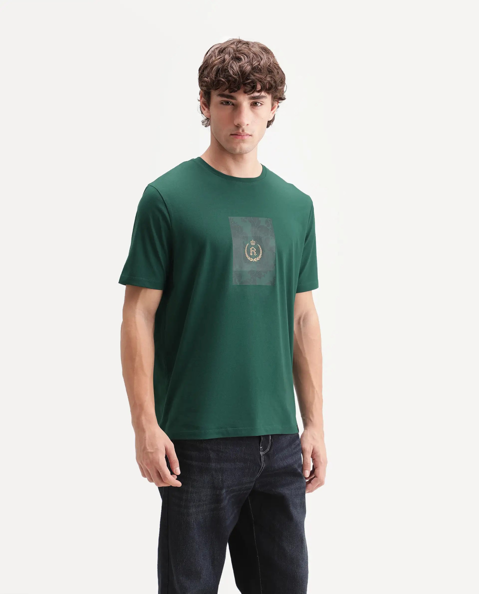 Rare Rabbit Men's Woakes Green Cotton Blend Crew Neck Regular Graphic Print T-Shirt