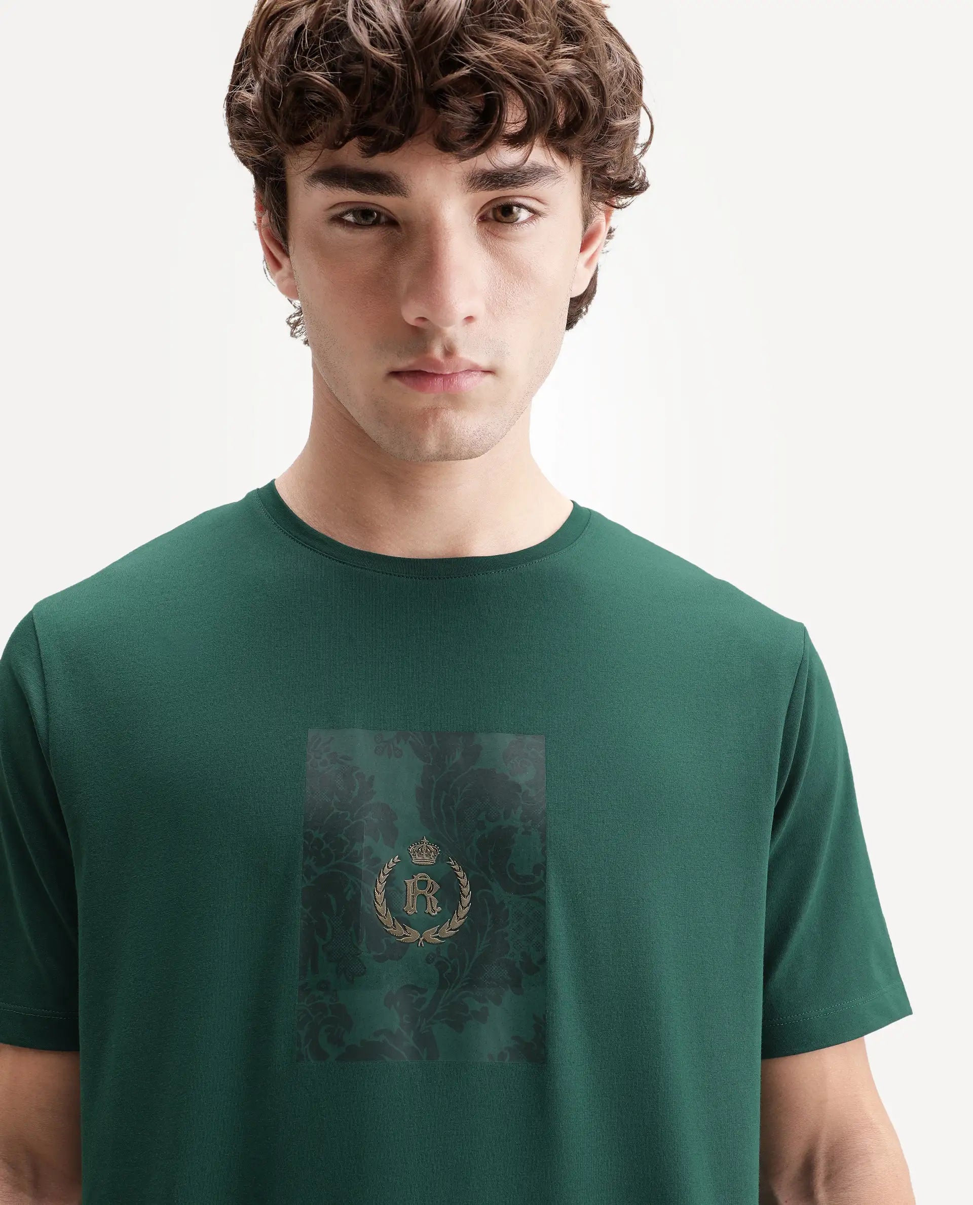 Rare Rabbit Men's Woakes Green Cotton Blend Crew Neck Regular Graphic Print T-Shirt