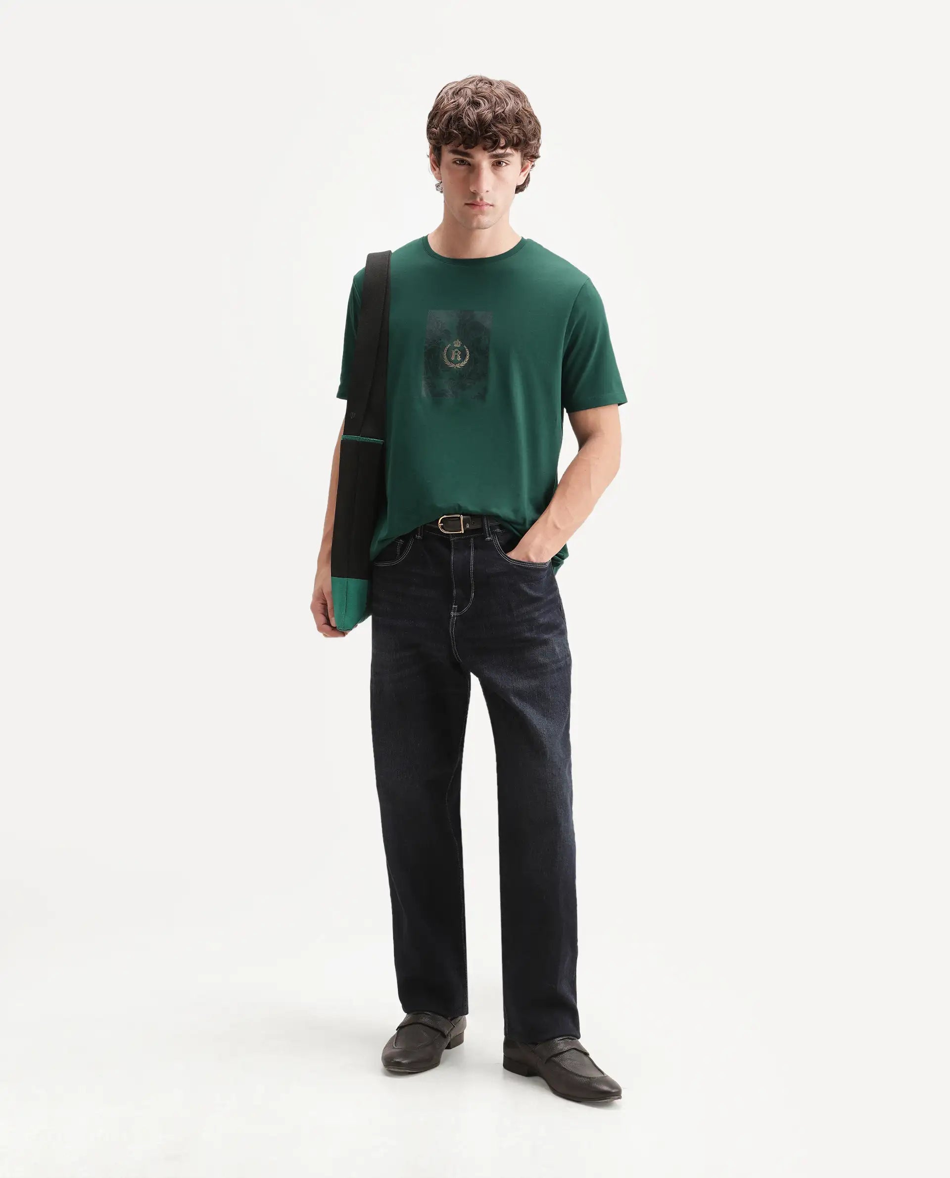Rare Rabbit Men's Woakes Green Cotton Blend Crew Neck Regular Graphic Print T-Shirt