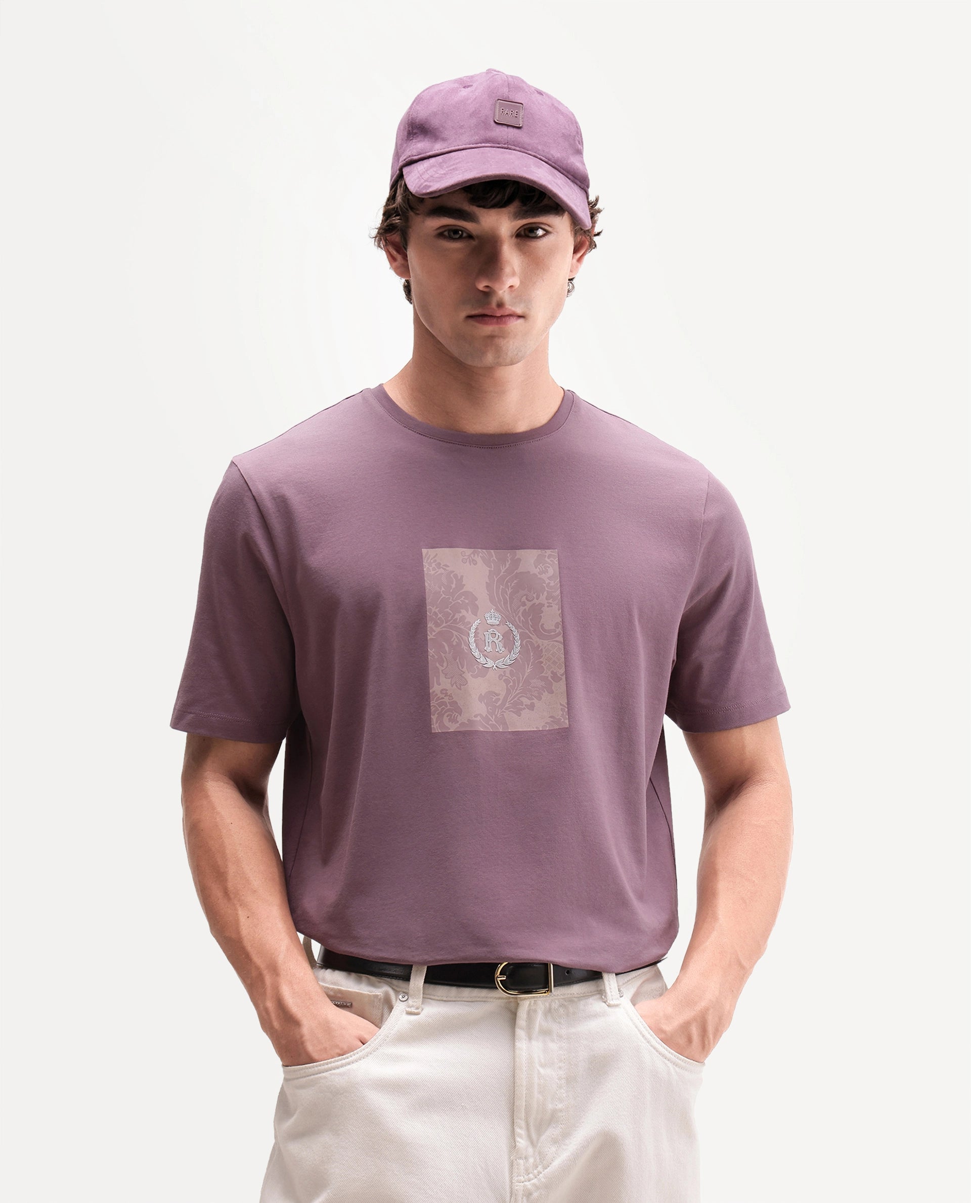 Rare Rabbit Men's Woakes Dusky Purple Cotton Blend Crew Neck Regular Graphic Print T-Shirt